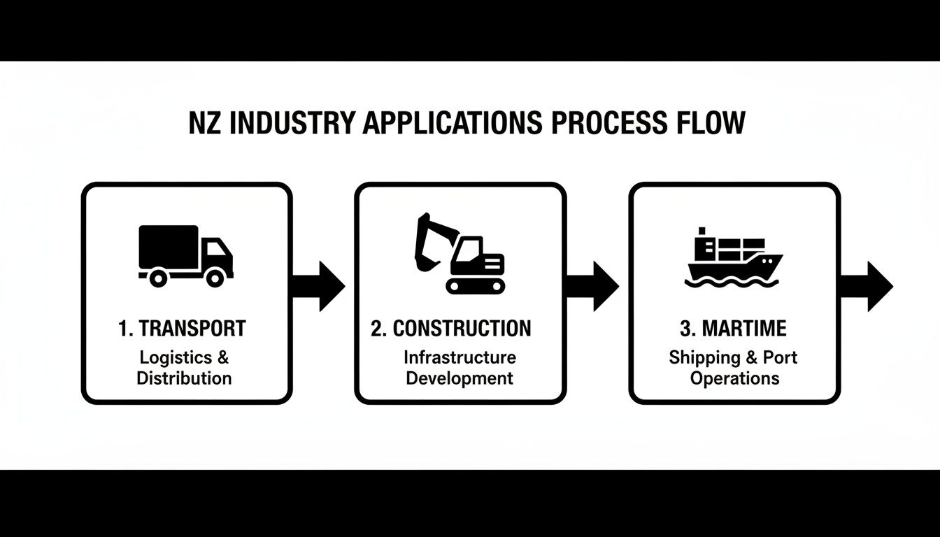 Process flow diagram for NZ industries: Transport, Construction, and Maritime applications, with relevant icons.