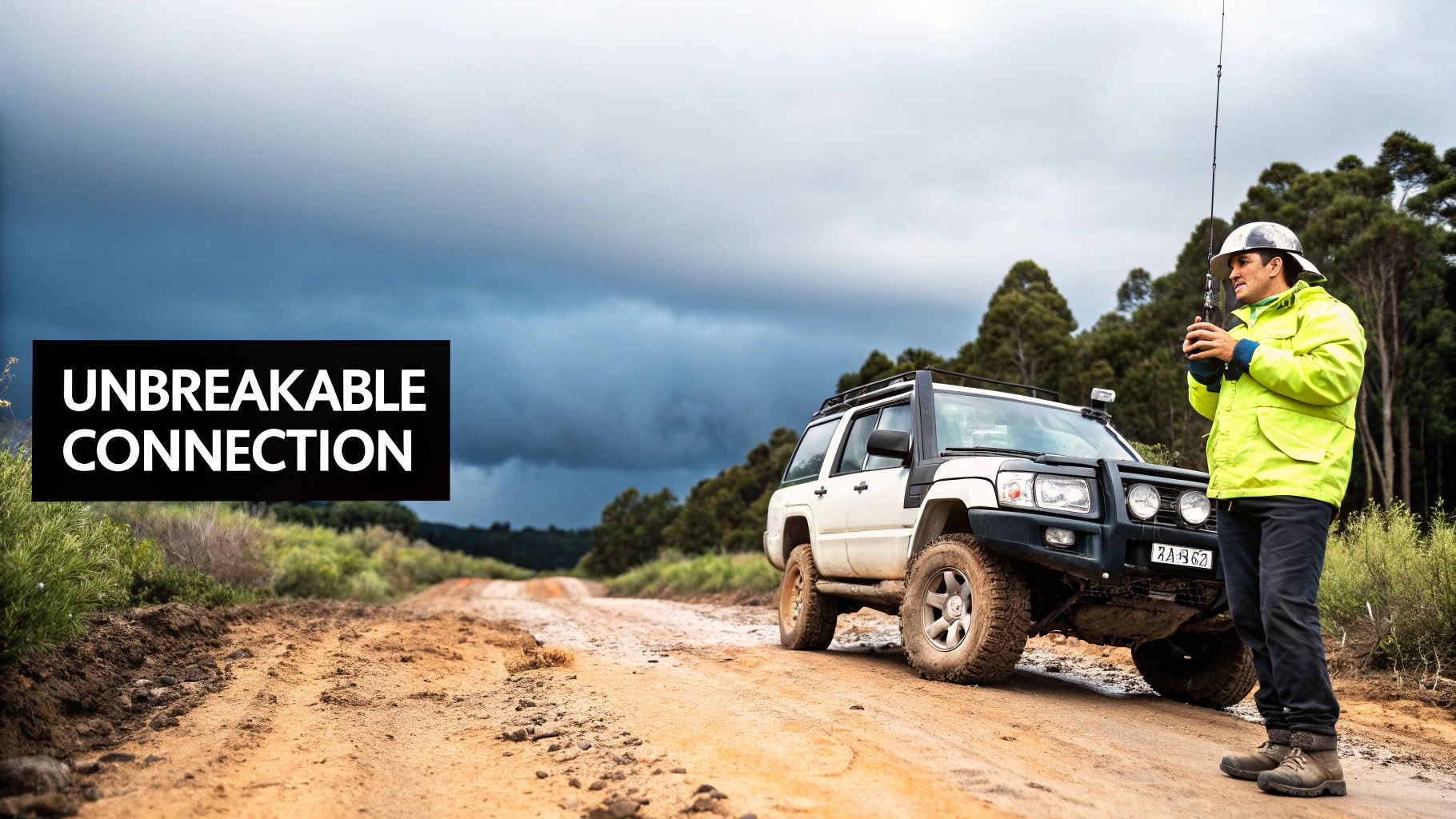 Man in yellow jacket holding a two-way radio next to an off-road vehicle on a dirt track.
