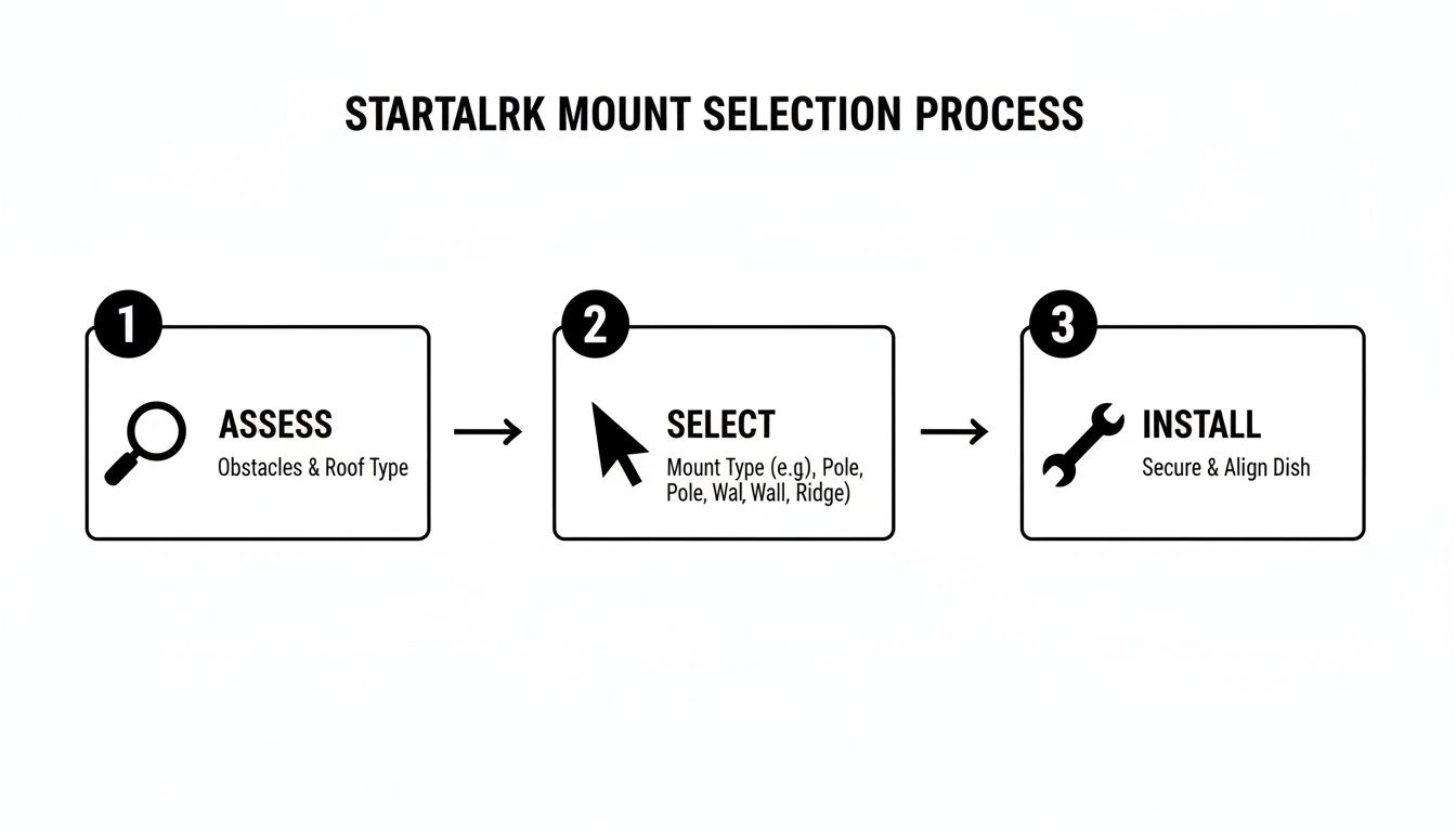 Starlink mount selection process flowchart showing steps: assess obstacles, select mount type, and install dish.