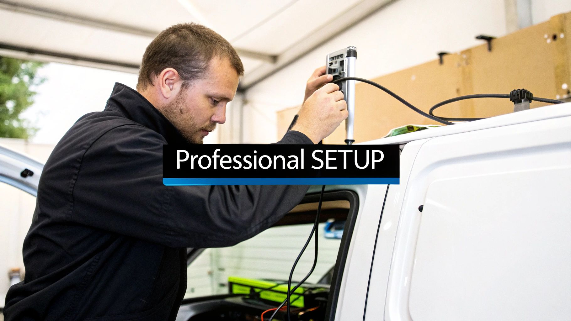 A technician professionally installing a communication device in a vehicle.
