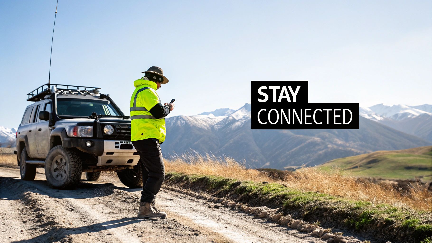 Person in high-vis vest using phone on a dirt road with an off-road vehicle and mountains.