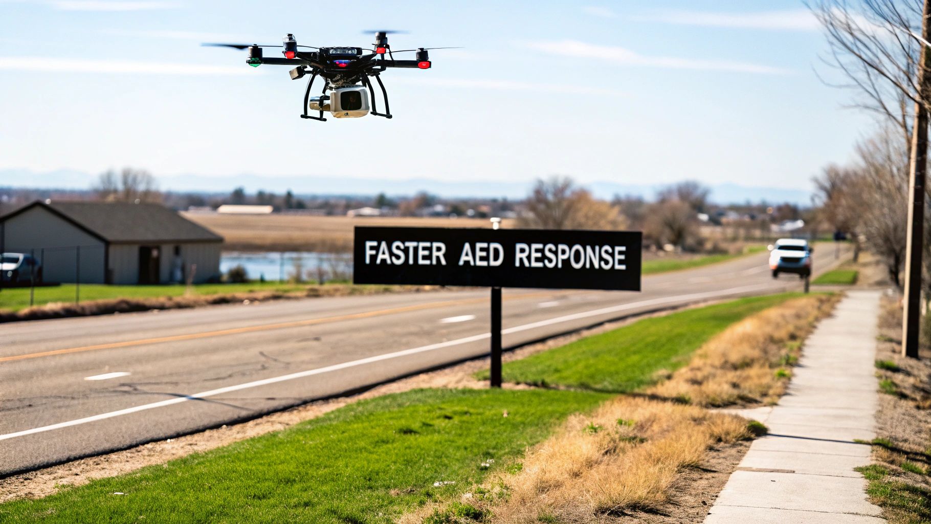 A drone hovers over a road next to a sign promoting "FASTER AED RESPONSE" in a rural setting.