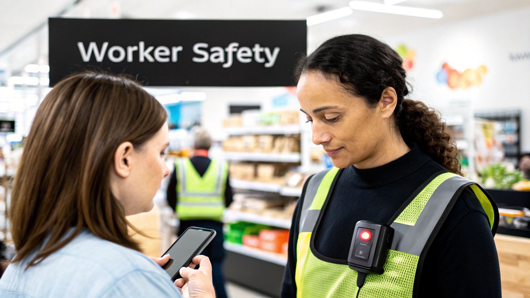 A security guard using a Motorola body worn camera VT200