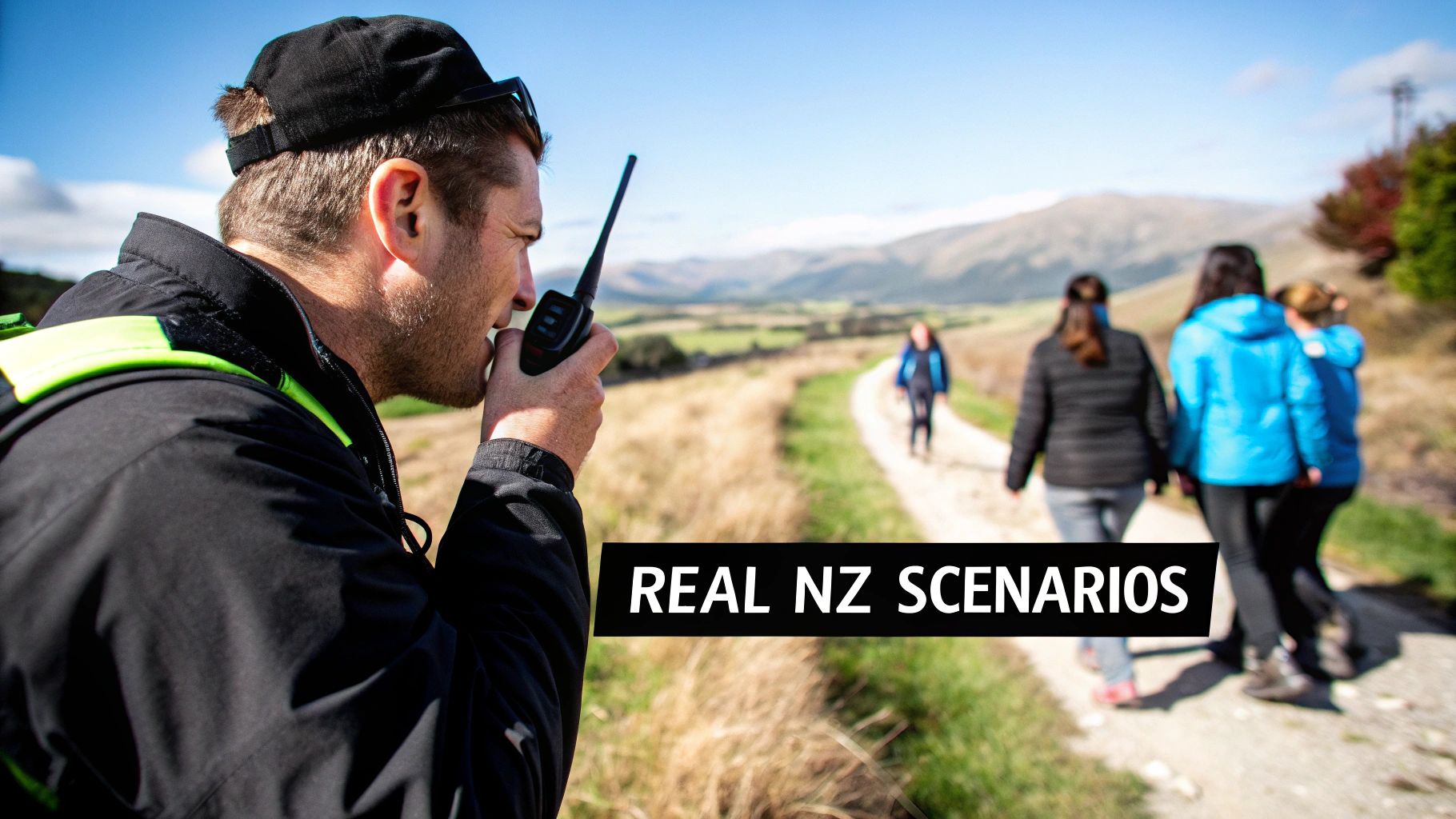 Man talking into a walkie-talkie on a sunny outdoor trail, with hikers and mountains in the background.
