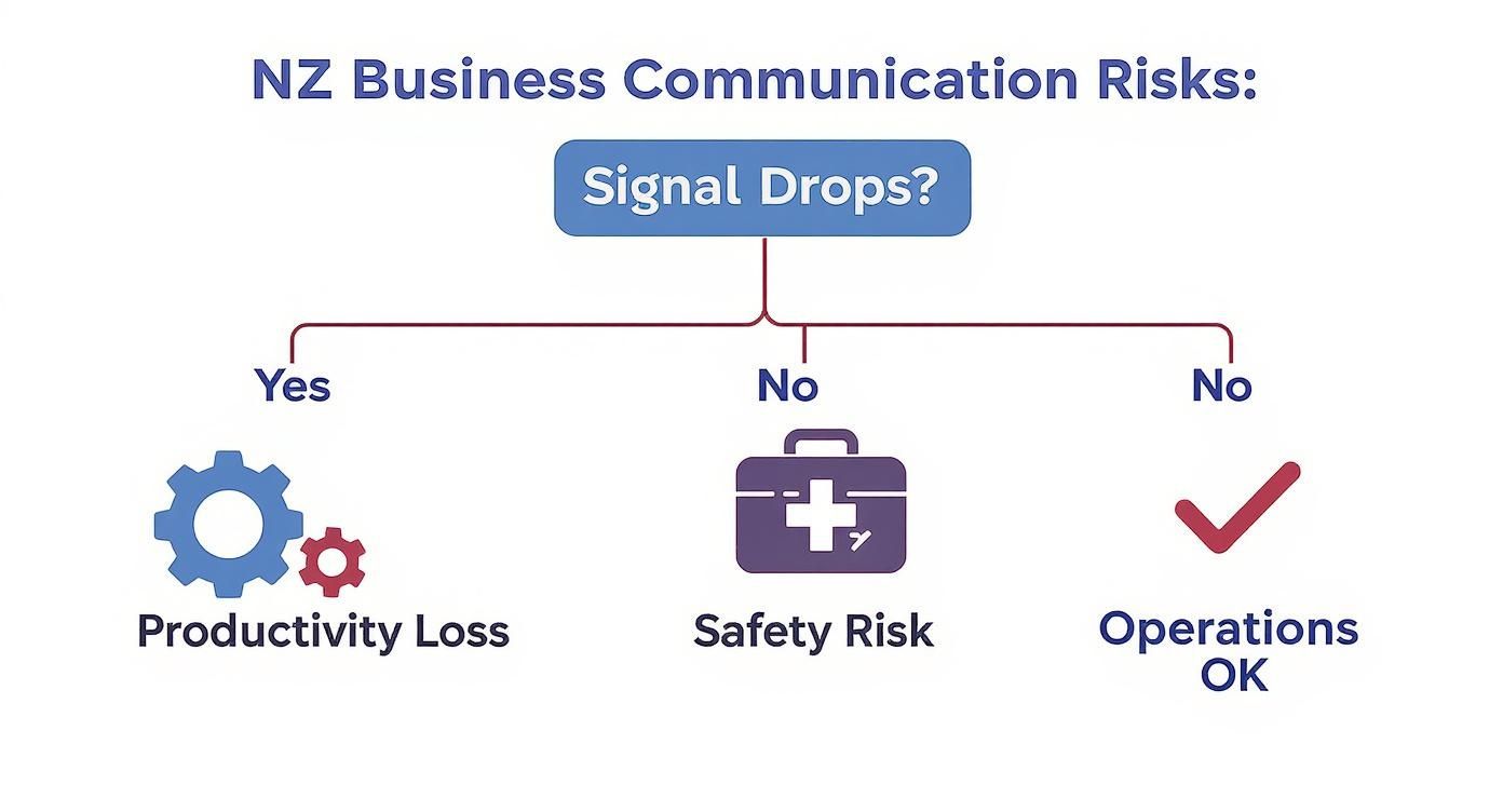 Flowchart illustrating NZ business communication risks, showing signal drops lead to productivity loss and potential safety risks.