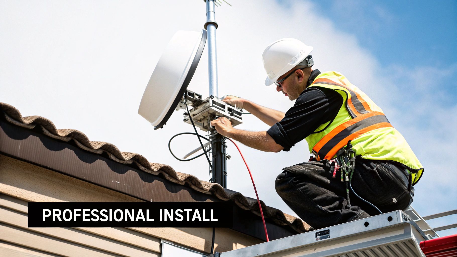 A technician performs a professional installation of a signal booster antenna on a residential roof.