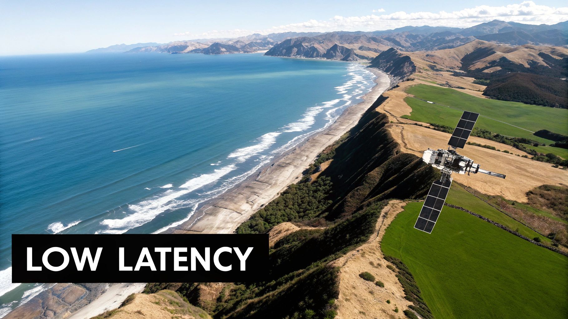 An aerial view of a satellite over a beautiful coastal landscape with text 'LOW LATENCY'.