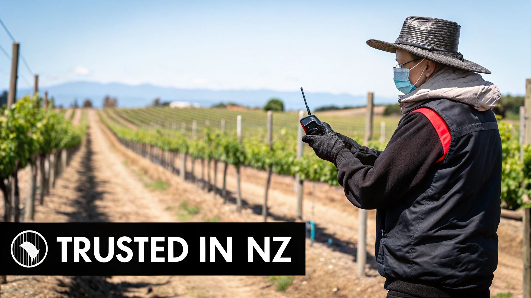 A person in a hat and face mask holds a walkie-talkie in a sunny vineyard, "TRUSTED IN NZ" overlay.