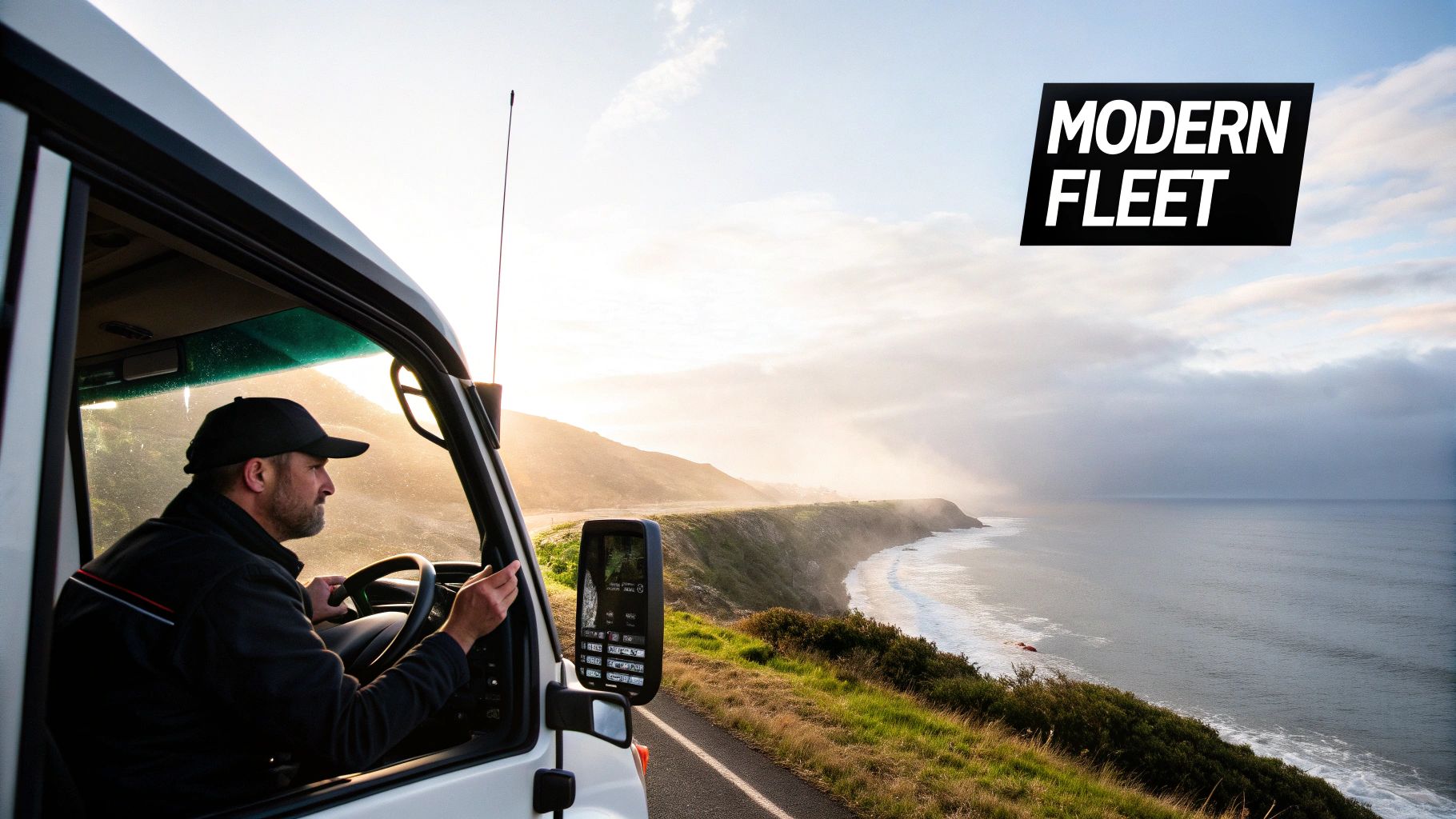 Man driving a white fleet vehicle along a scenic coastal road at sunset, overlooking the ocean.
