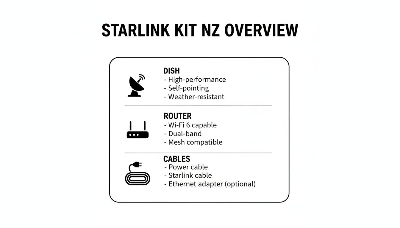 An overview of the Starlink Kit for New Zealand, detailing the Dish, Router, and Cables with their features.