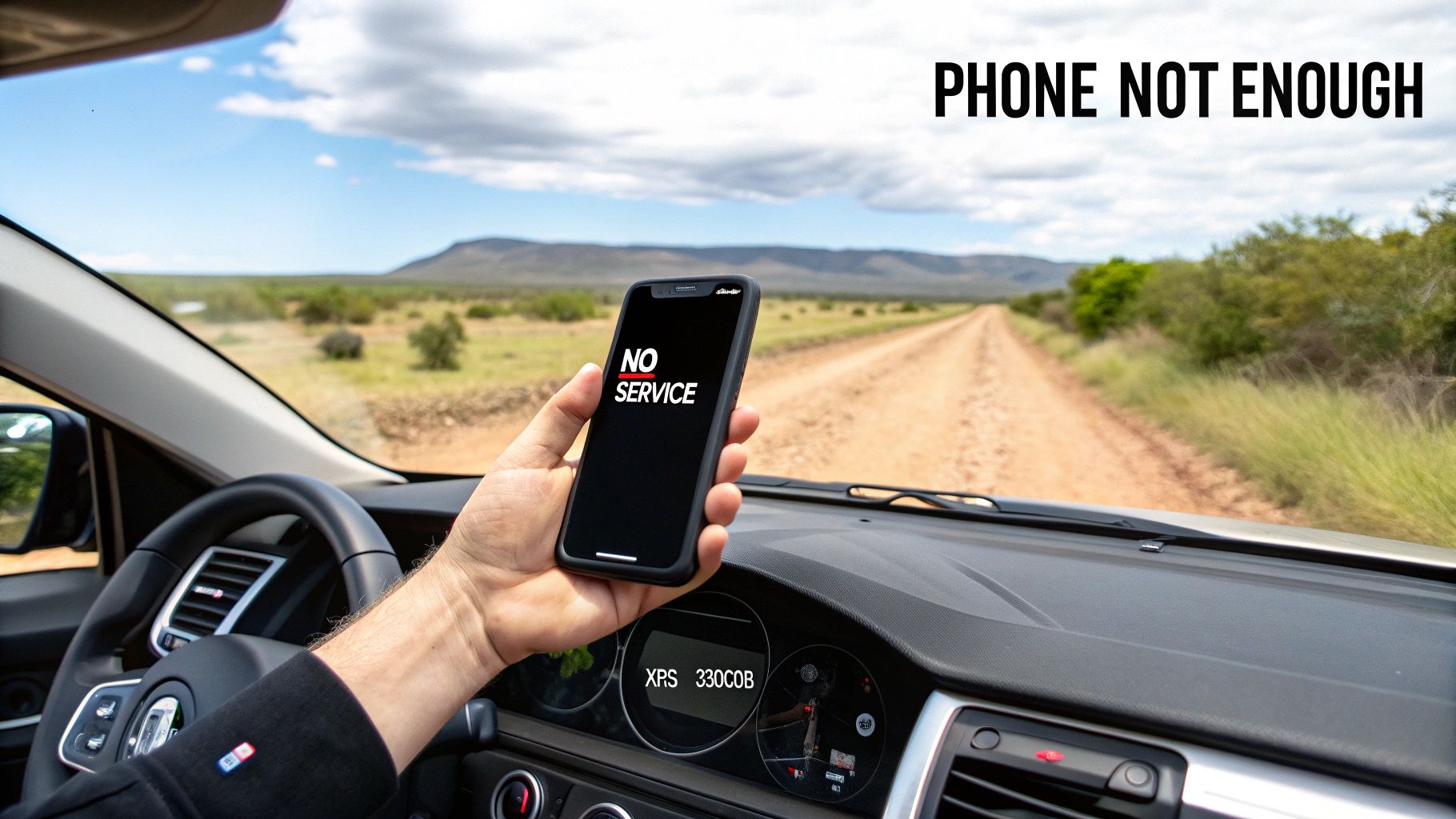 A rugged 4WD vehicle navigating a remote, scenic track in New Zealand's backcountry, highlighting the need for reliable off-grid communication.
