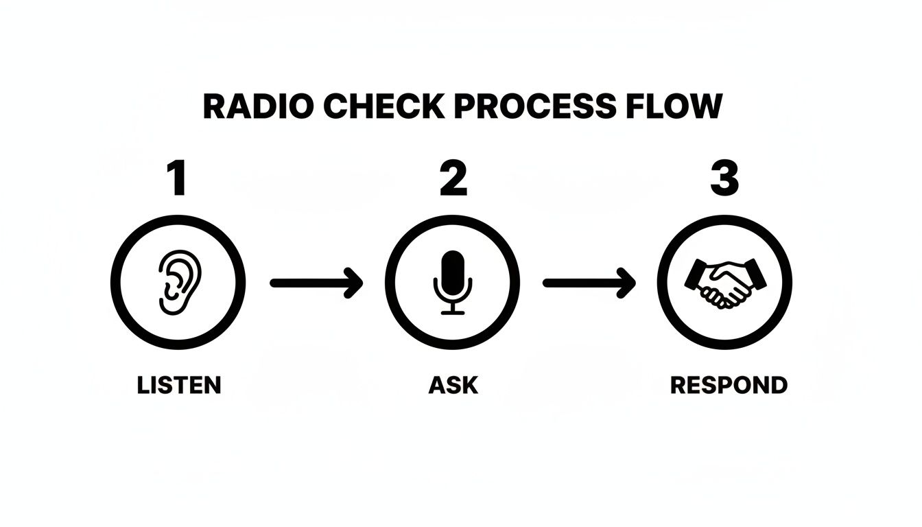 A radio check process flow diagram illustrating three steps: Listen, Ask, and Respond, with corresponding icons.