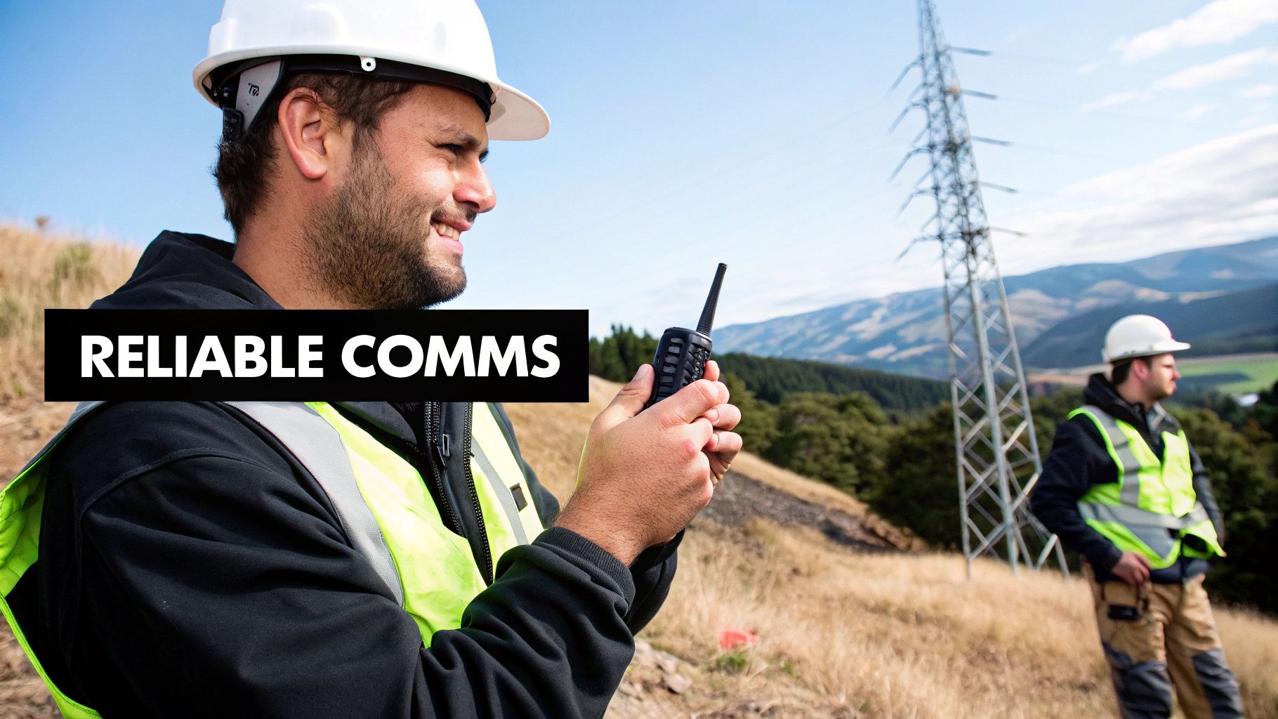 A smiling utility worker in a hard hat holds a two-way radio outdoors near a power pylon.