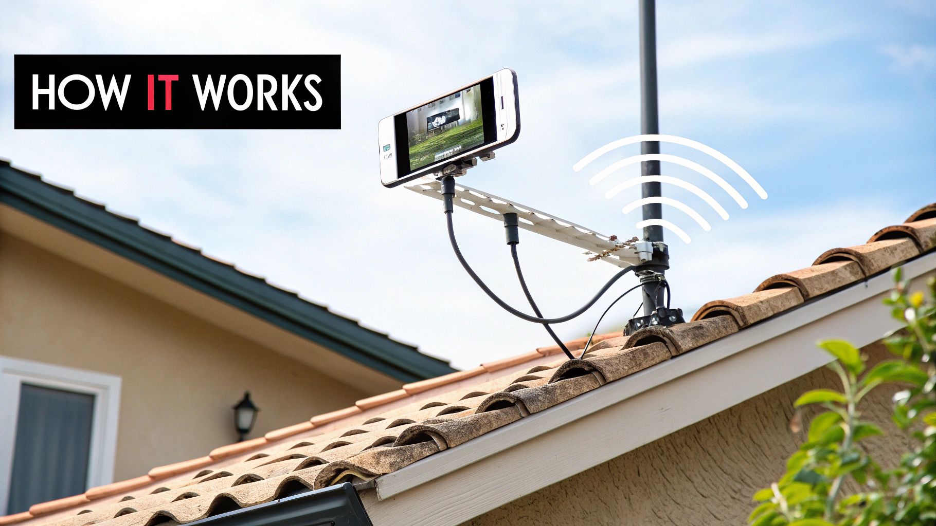 A cell phone mounted on a rooftop antenna, with white signal waves, illustrating how it works.