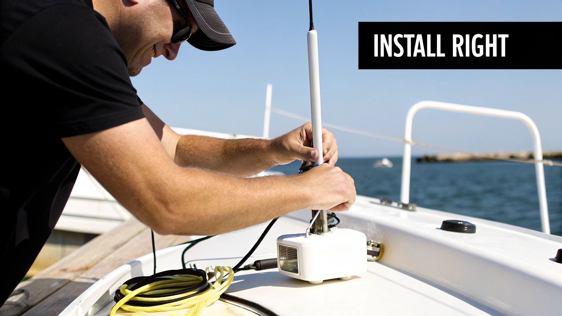 A person installing an Icom marine radio on a boat dashboard.
