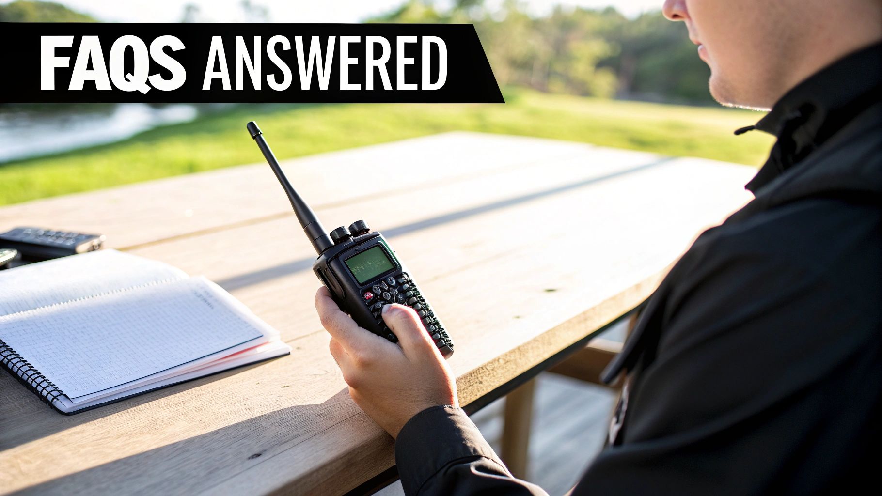 A person asking a question while holding a two way radio.