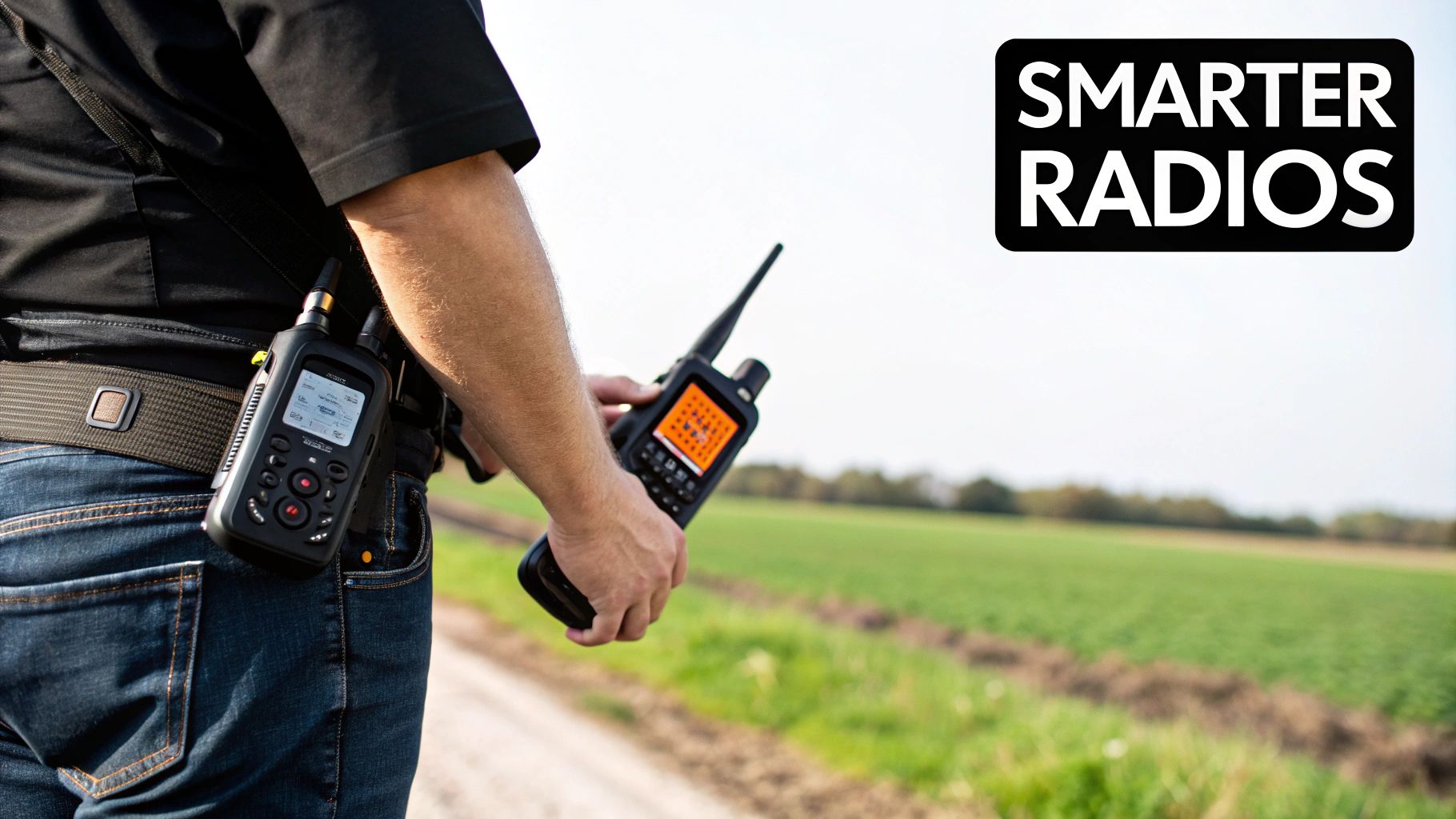A professional using a two-way radio with a digital interface overlay, representing AI-assisted communication solutions.