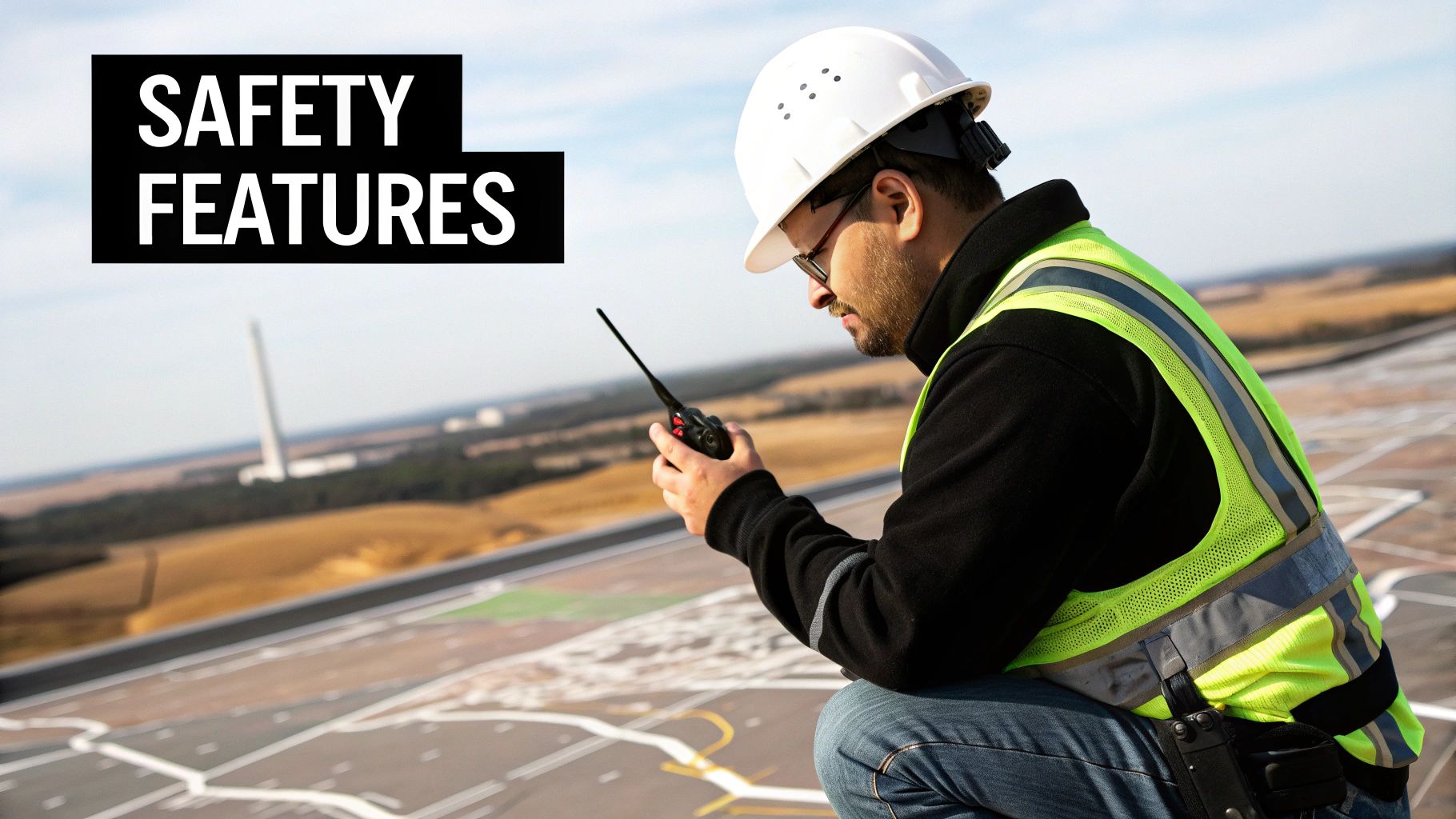 A construction worker in a hard hat and safety vest uses a two-way radio, with 'SAFETY FEATURES' text visible.