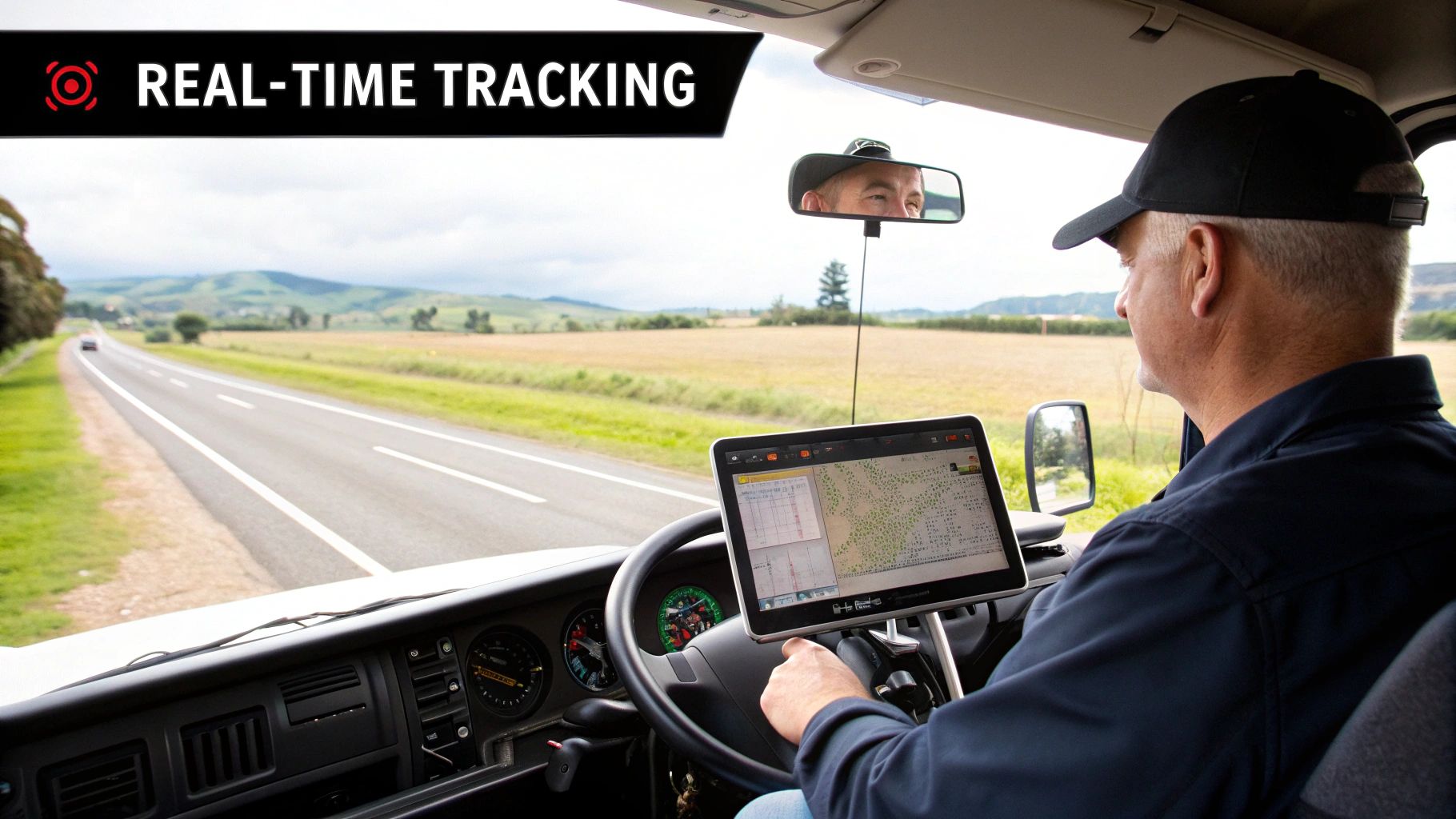 Man driving a truck on a rural road, viewing real-time tracking on a tablet.