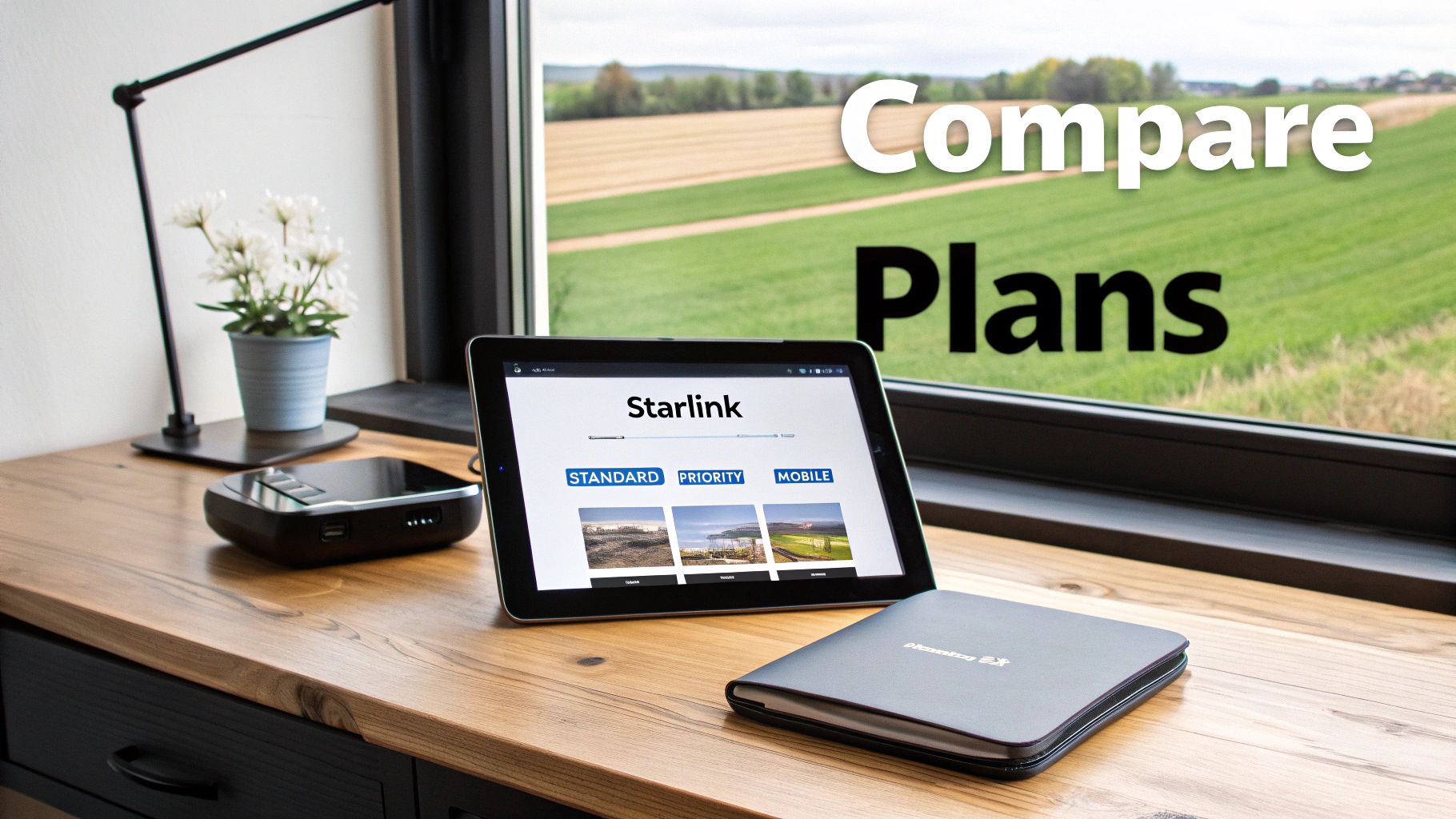 A tablet on a wooden desk displays Starlink internet plans, with a view of green fields outside a window.