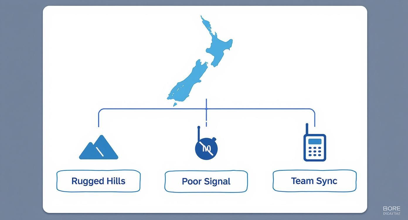 New Zealand map showing three agricultural communication challenges: rugged hills, poor signal, and team synchronization