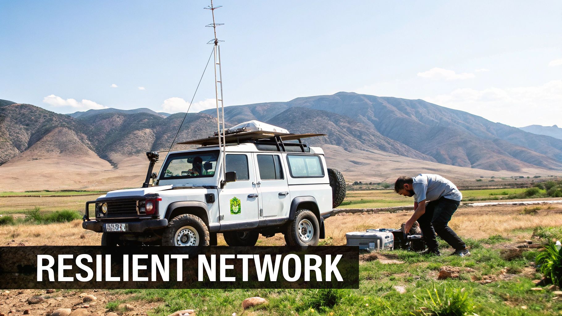 A white 4x4 vehicle with an antenna and a person setting up equipment in a mountainous, outdoor field.