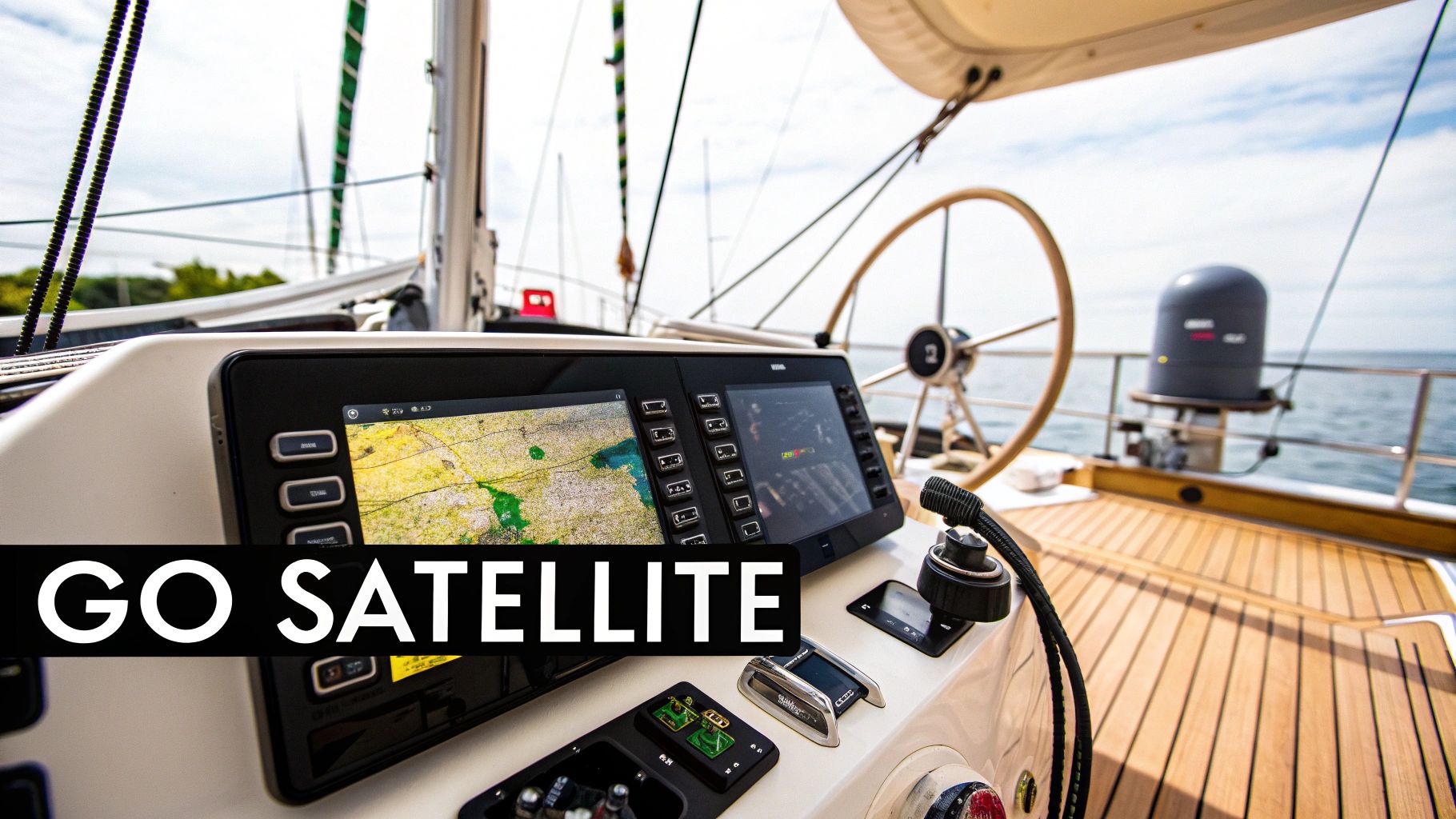 A person on a boat deck using a satellite communicator device