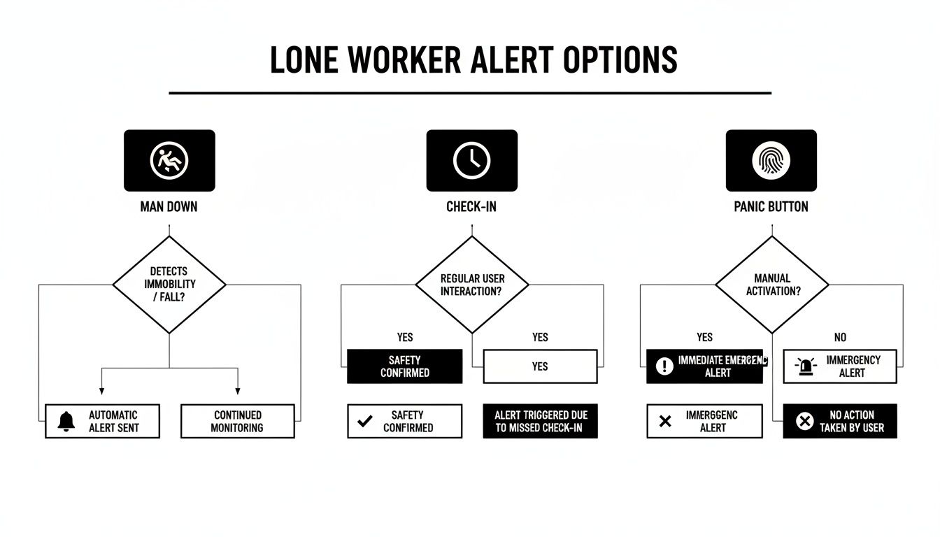 Flowchart illustrating three lone worker alert options: Man Down, Check-In, and Panic Button procedures.