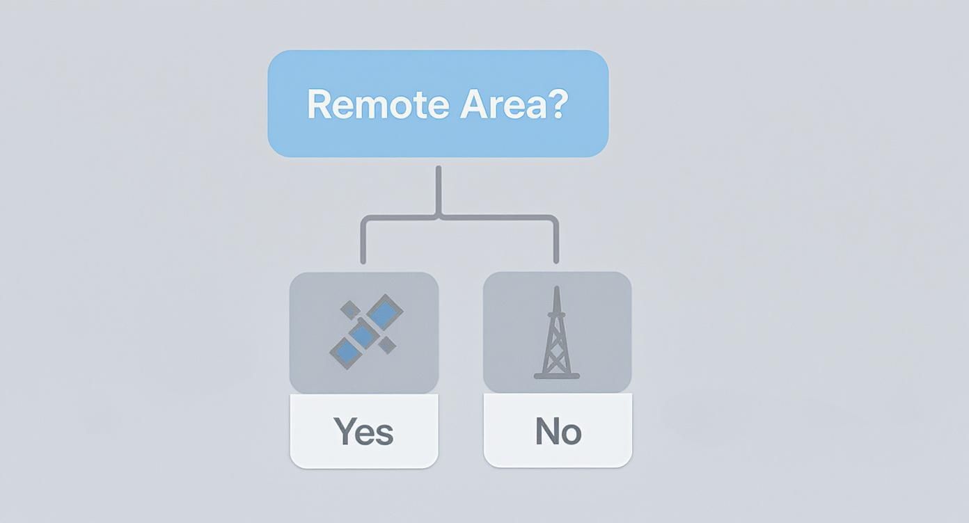 A flowchart asking 'Remote Area?'. 'Yes' indicates satellite, 'No' indicates cellular tower.