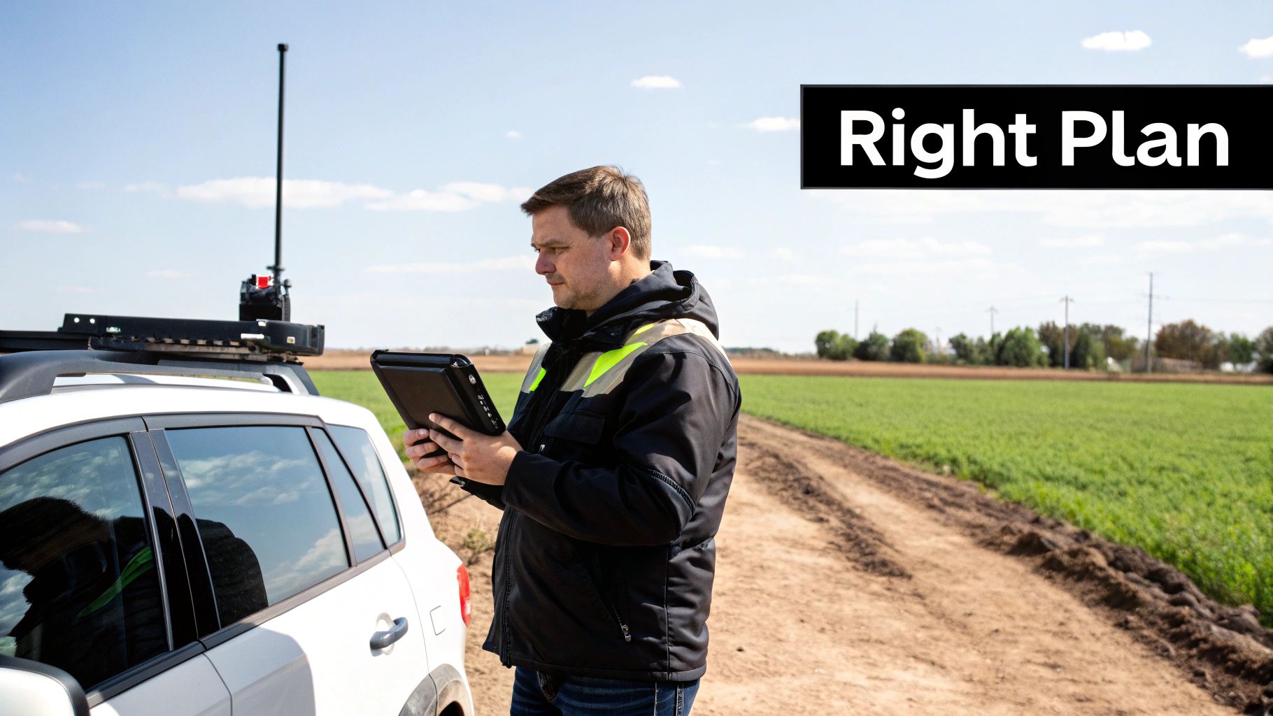 A man in a safety jacket uses a tablet next to an SUV with an antenna in a rural field.