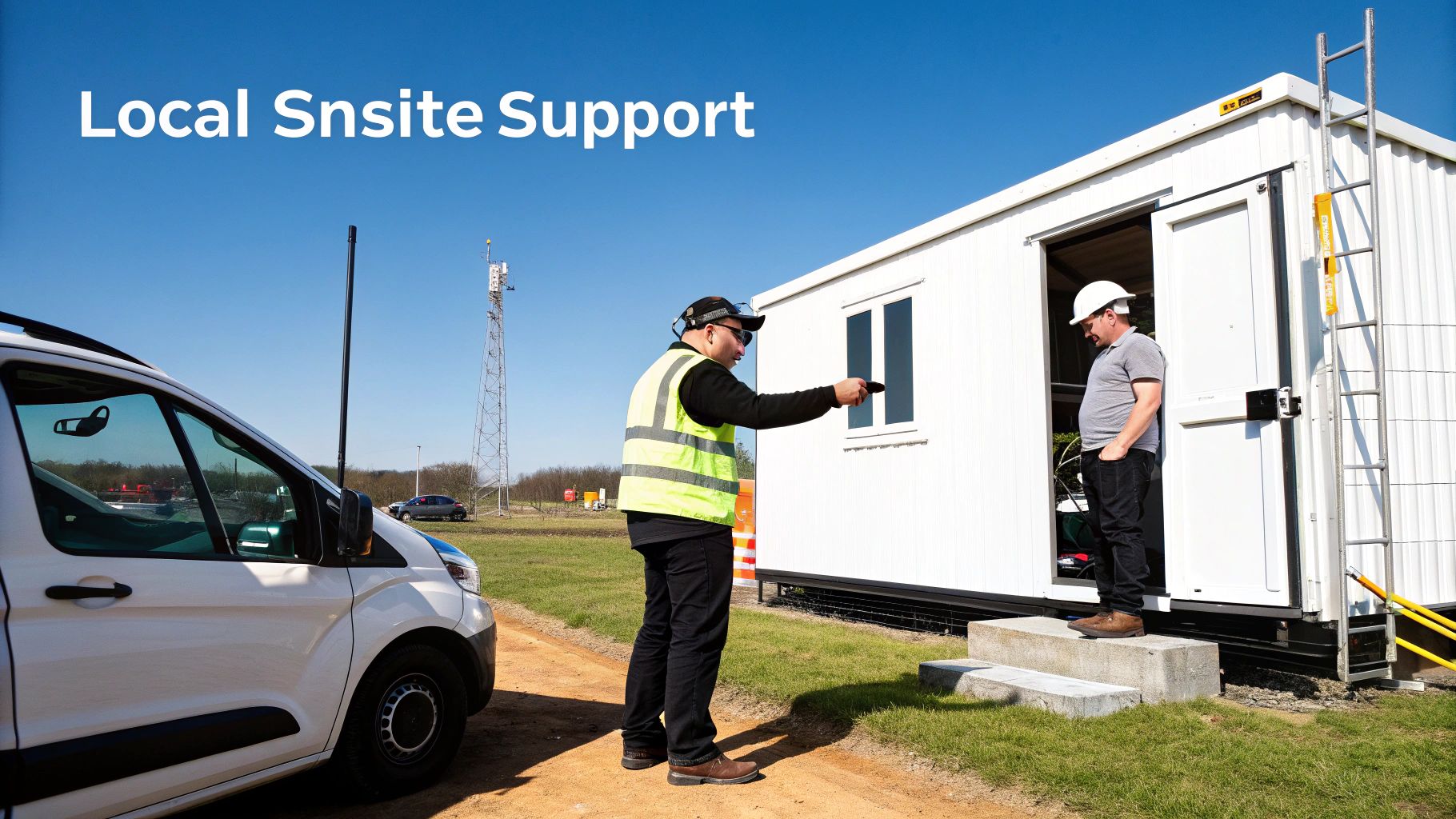 Two men, one with a device, providing local onsite support outside a portable building near a cell tower.