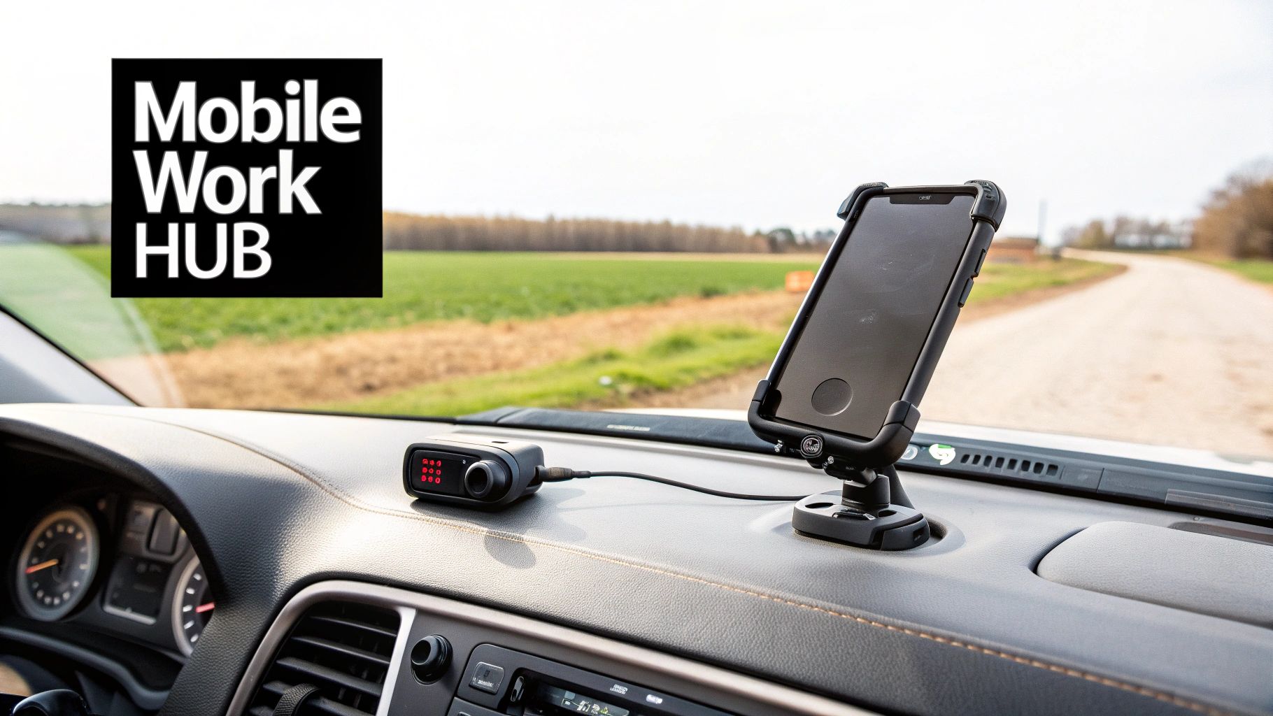 Dashboard view inside a vehicle with a smartphone mount, telematics device, and a rural road.