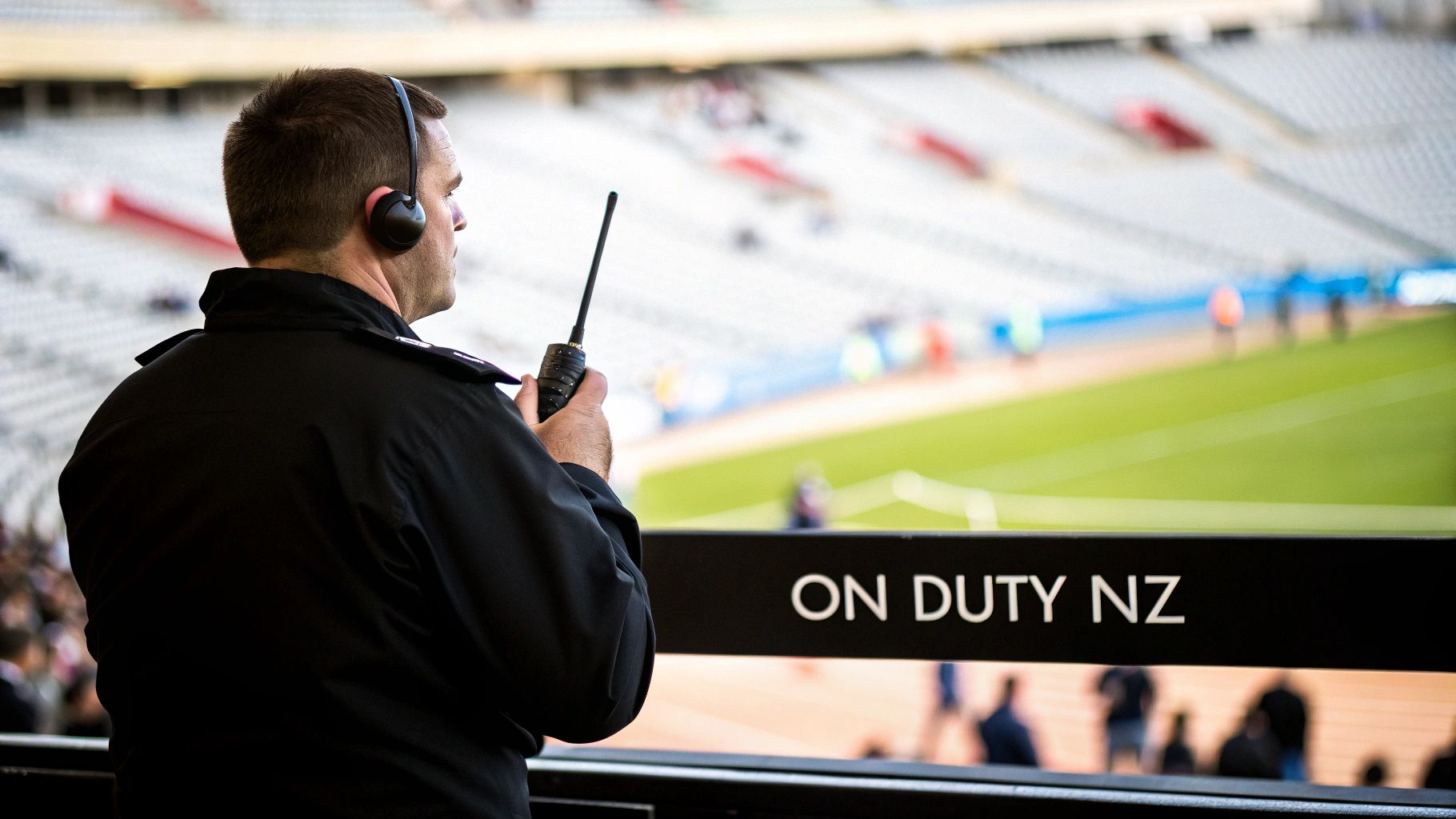 A security professional discreetly communicating using a two-way radio surveillance kit at a large event.