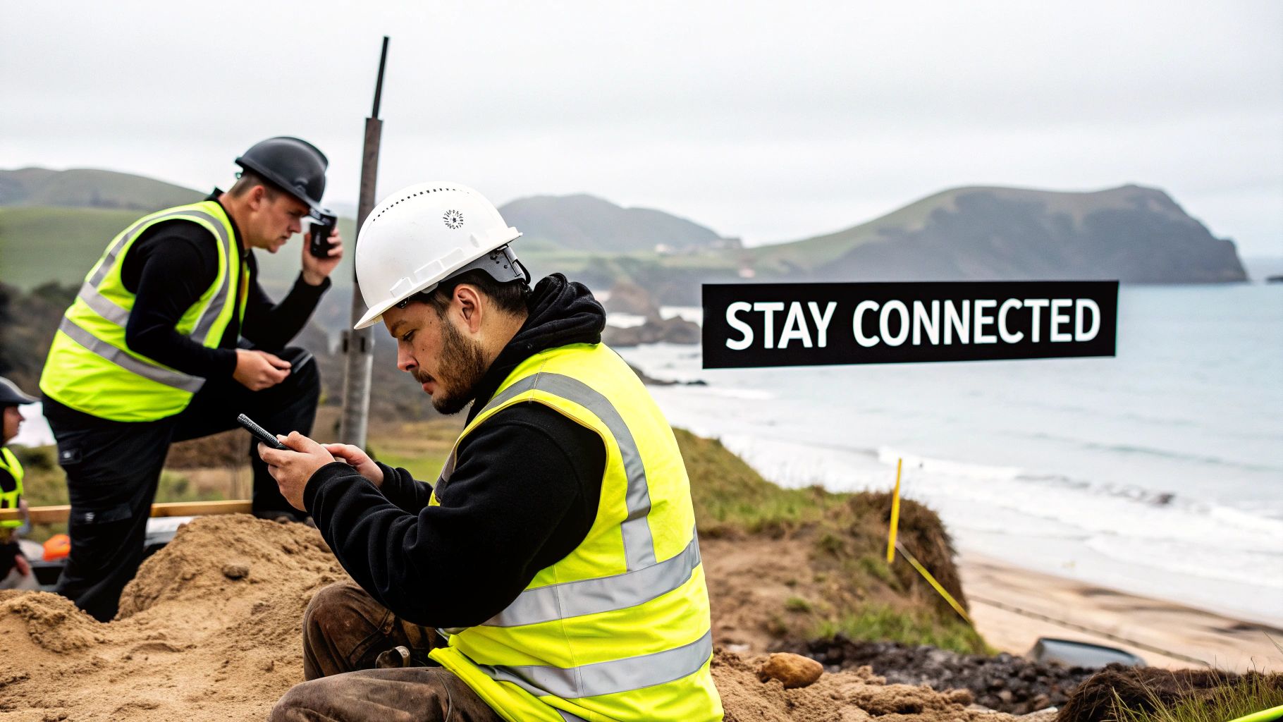Two construction workers staying connected with phones and radios at a scenic coastal site.
