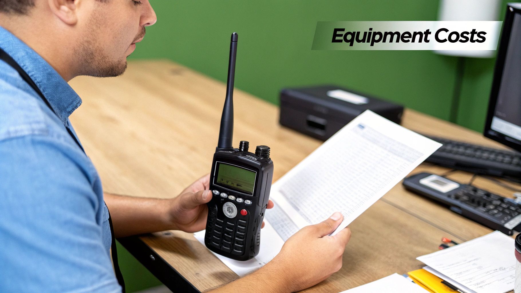 A man reviews equipment costs, holding a two-way radio and a document at his desk.