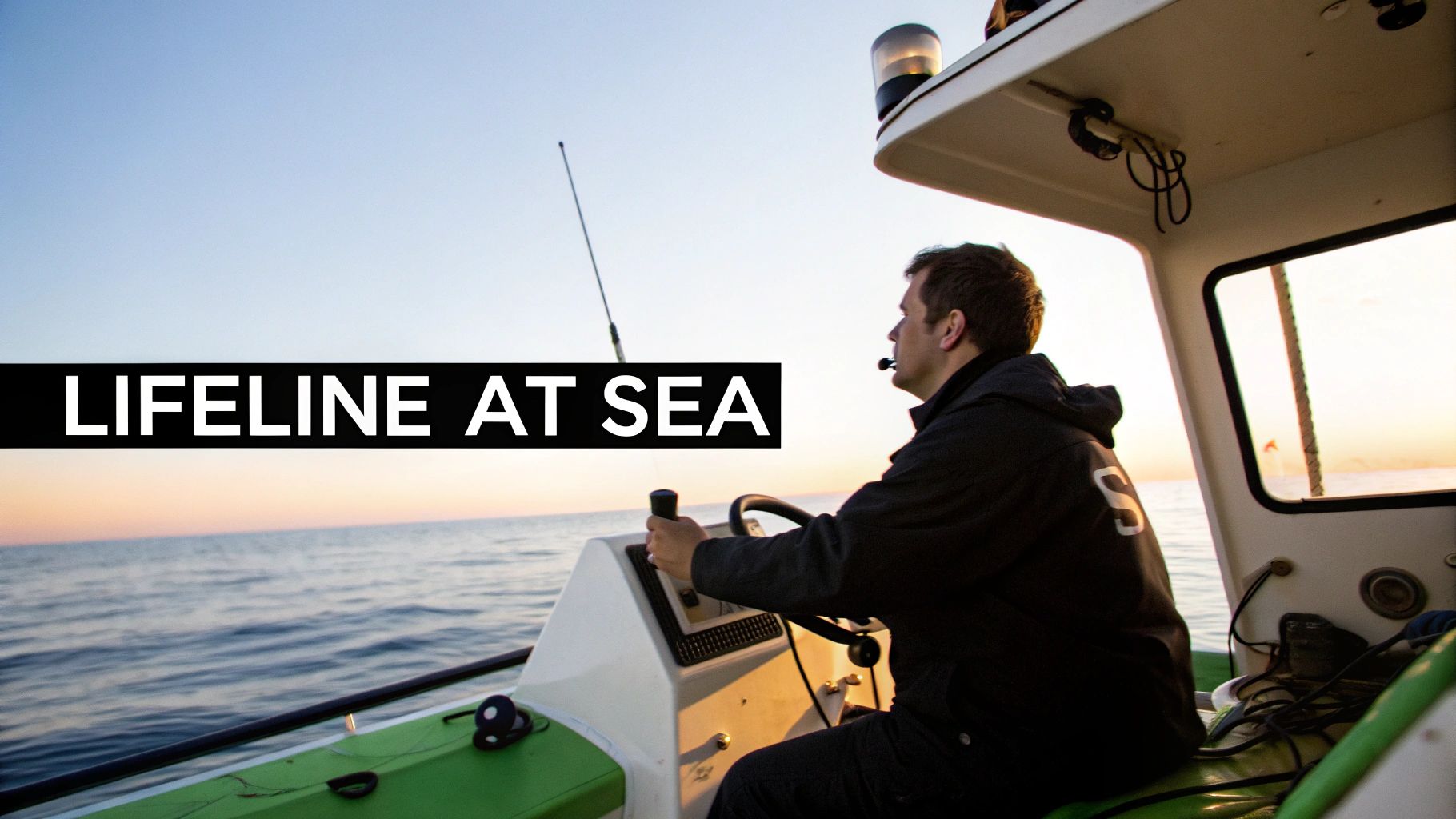 A man wearing a headset steers a boat at sea as the sun sets, with 'LIFELINE AT SEA' overlaid.