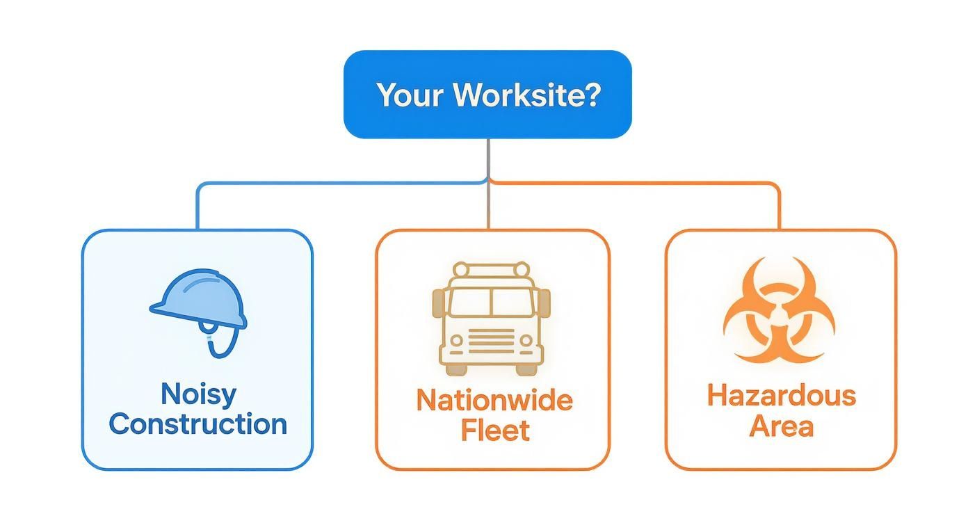 Flowchart displaying common worksite types: noisy construction, nationwide fleet, and hazardous areas.