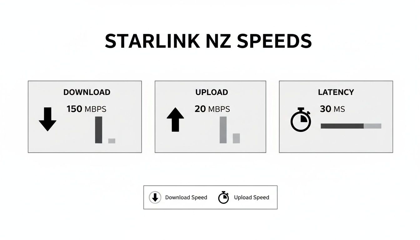 Starlink internet speeds in New Zealand, showing download, upload, and latency statistics.