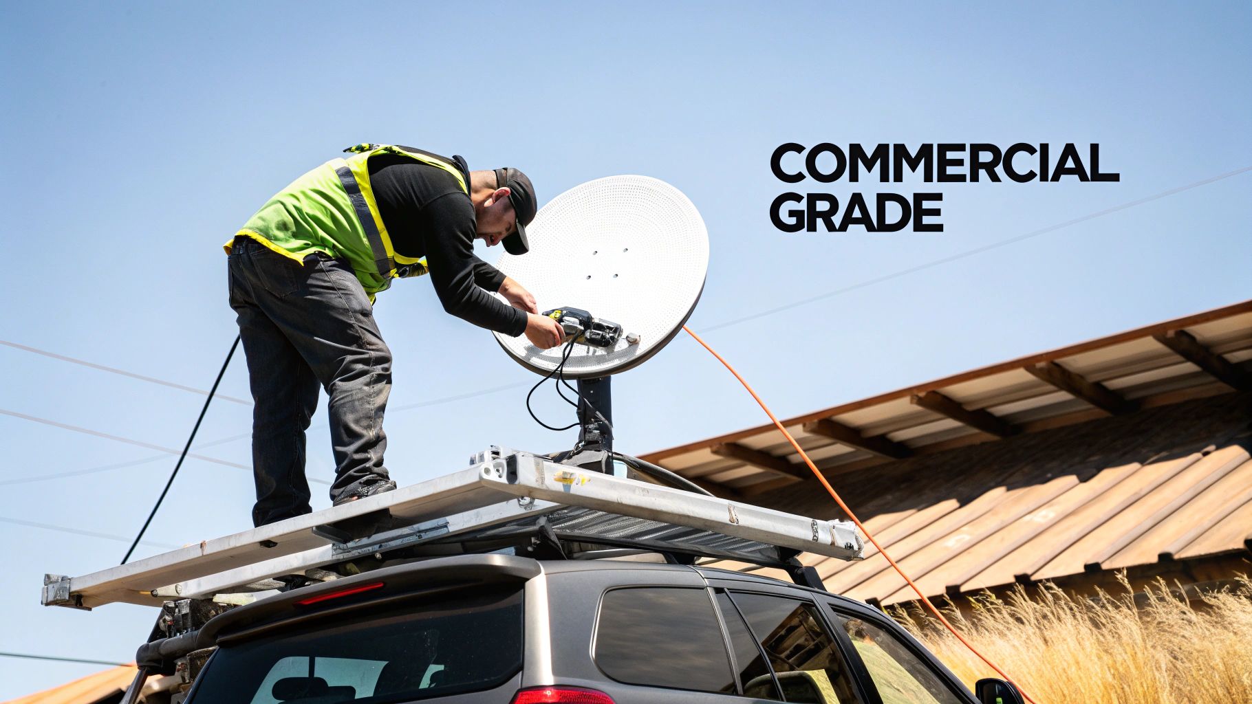 A technician in a safety vest installs a white satellite dish on a vehicle's roof.