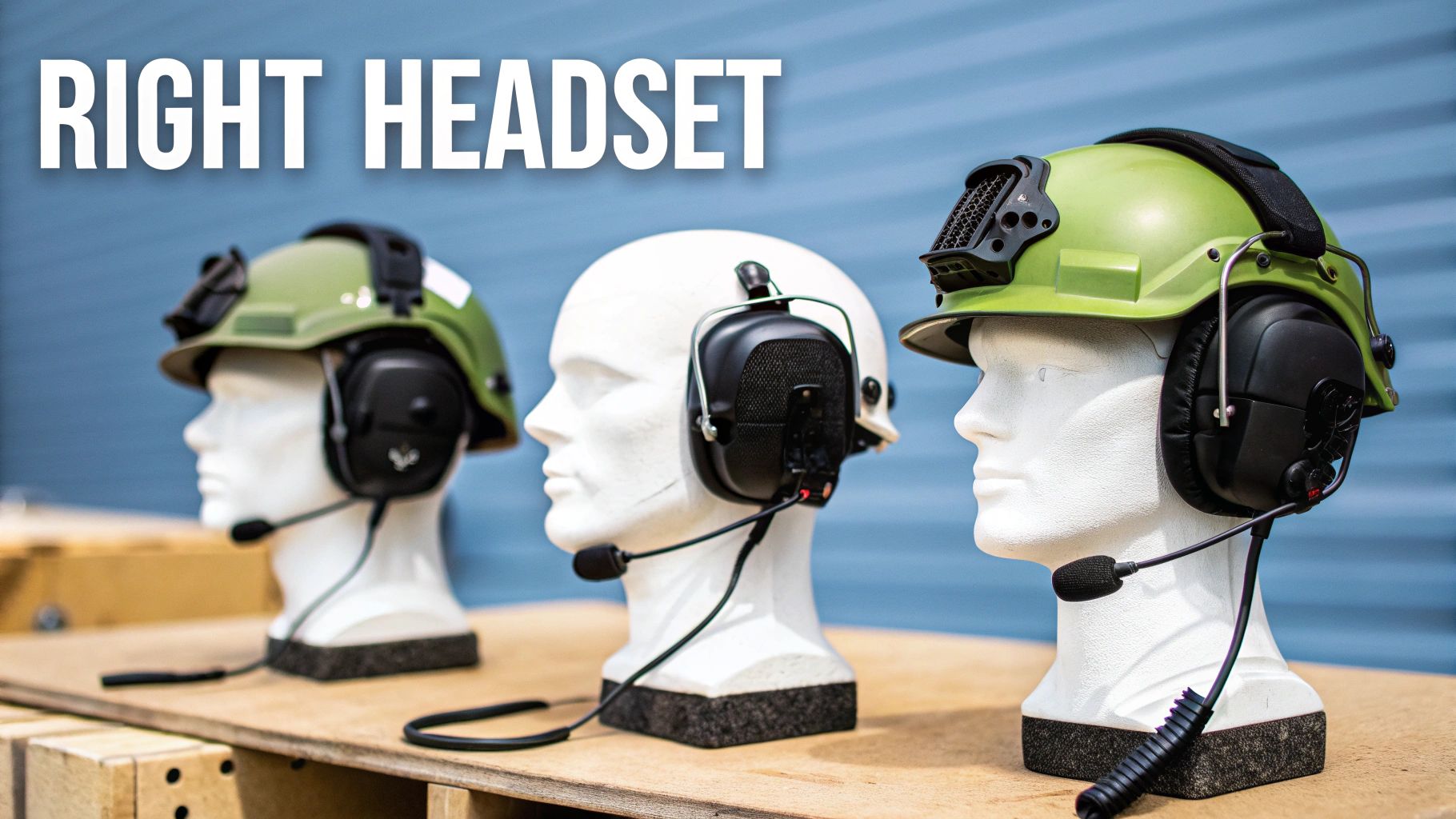 A worker in a high-vis jacket uses a helmet-mounted Sensear headset, showcasing its integration with other safety gear.