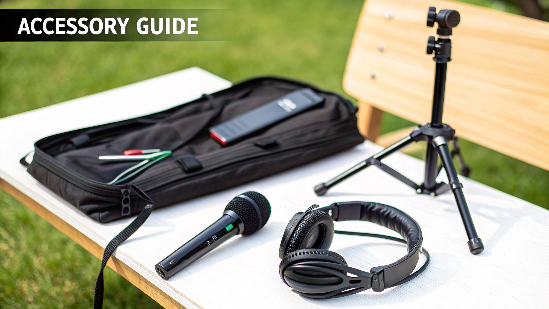 A person adjusting a wireless microphone connected to a PA system.