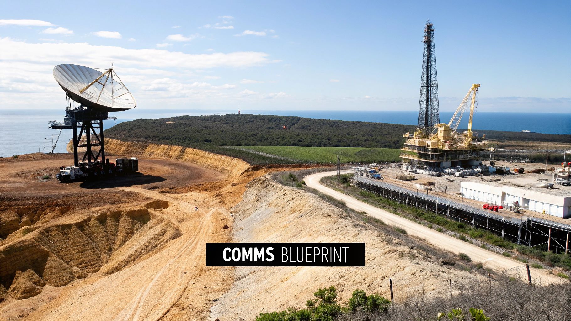 Panoramic view of a coastal industrial site featuring a large satellite dish, an oil rig, and a dirt road.