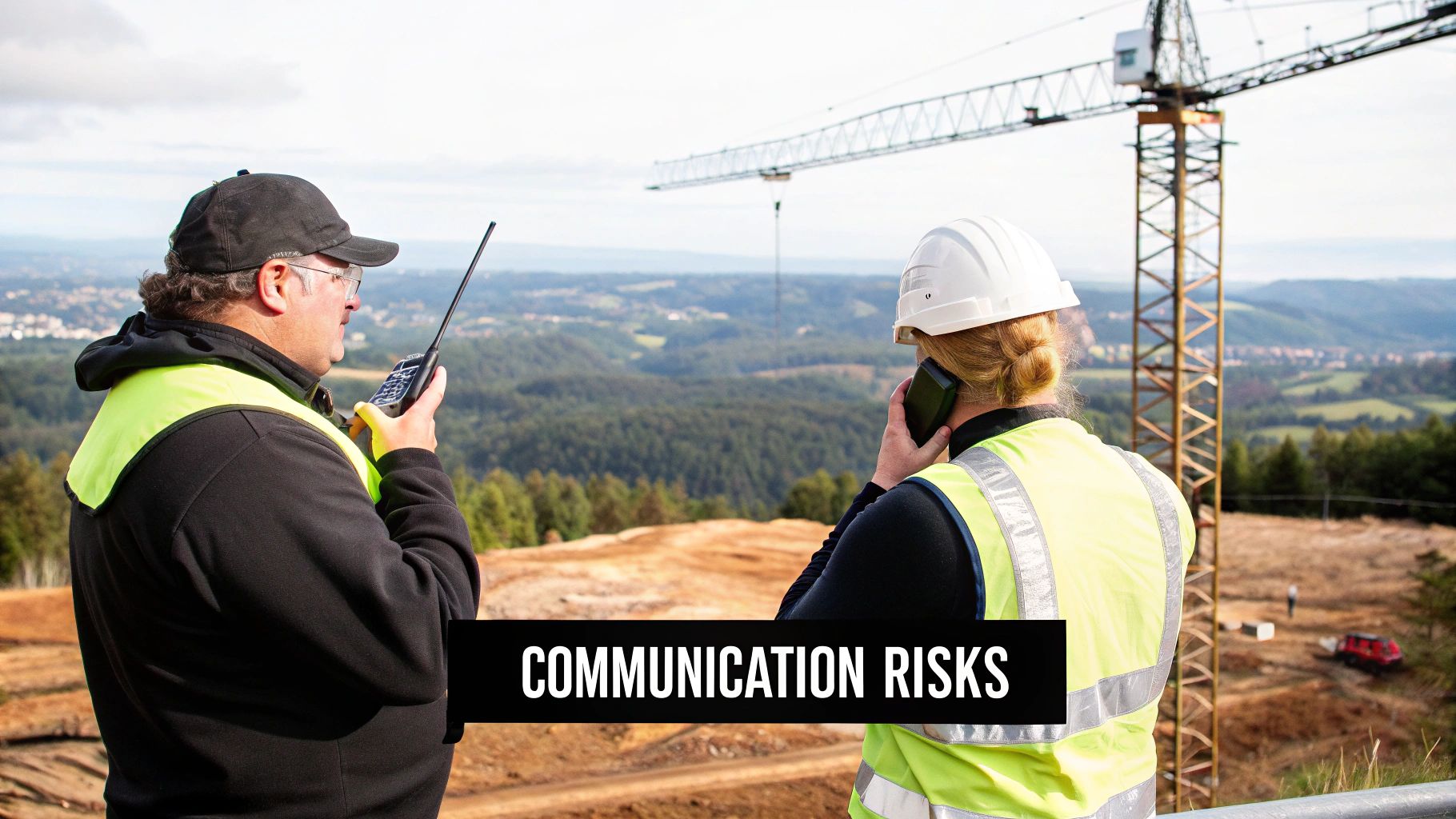Construction site managers using two-way radio and smartphone to communicate, with a crane in the background.