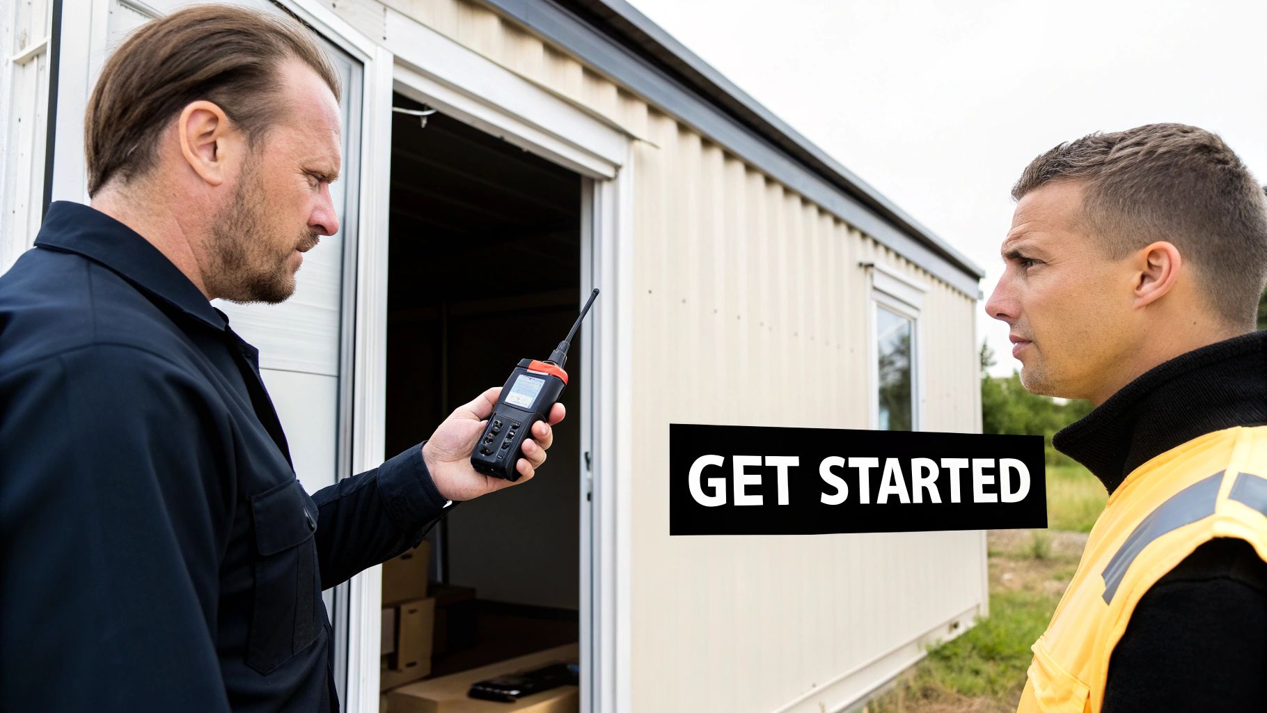 Two men, one holding a portable radio, discuss work near a modular building, with 'GET STARTED' text.