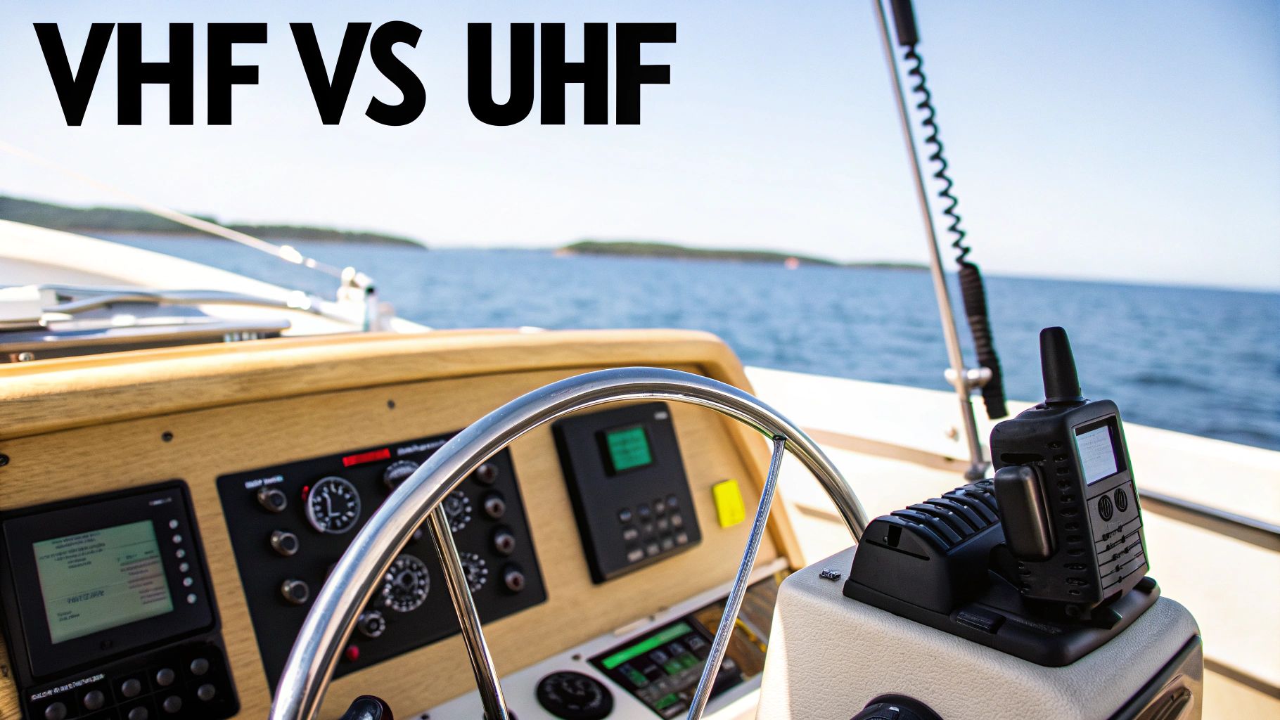 A person holding a handheld marine radio on a boat with the sea in a background