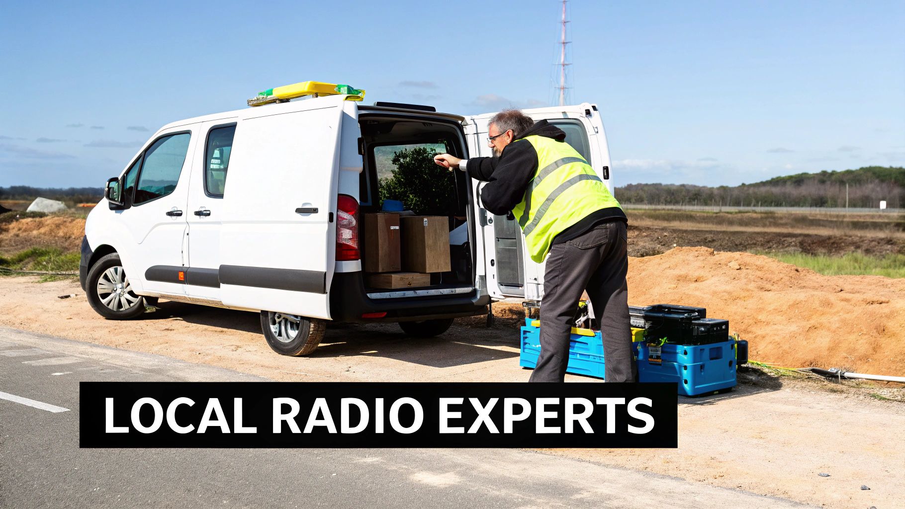 A man in a high-vis vest works with radio equipment from the back of a white van outdoors.