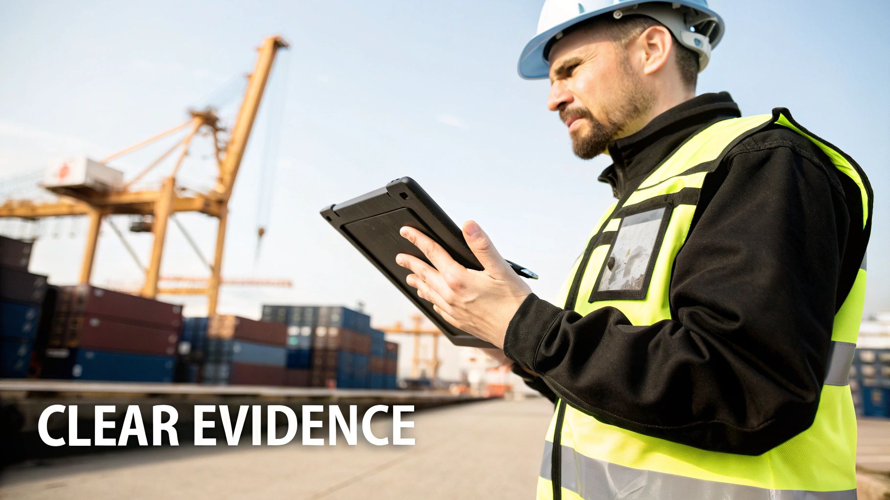 A port worker in a hard hat and high-vis vest reviews a tablet with shipping containers and cranes.