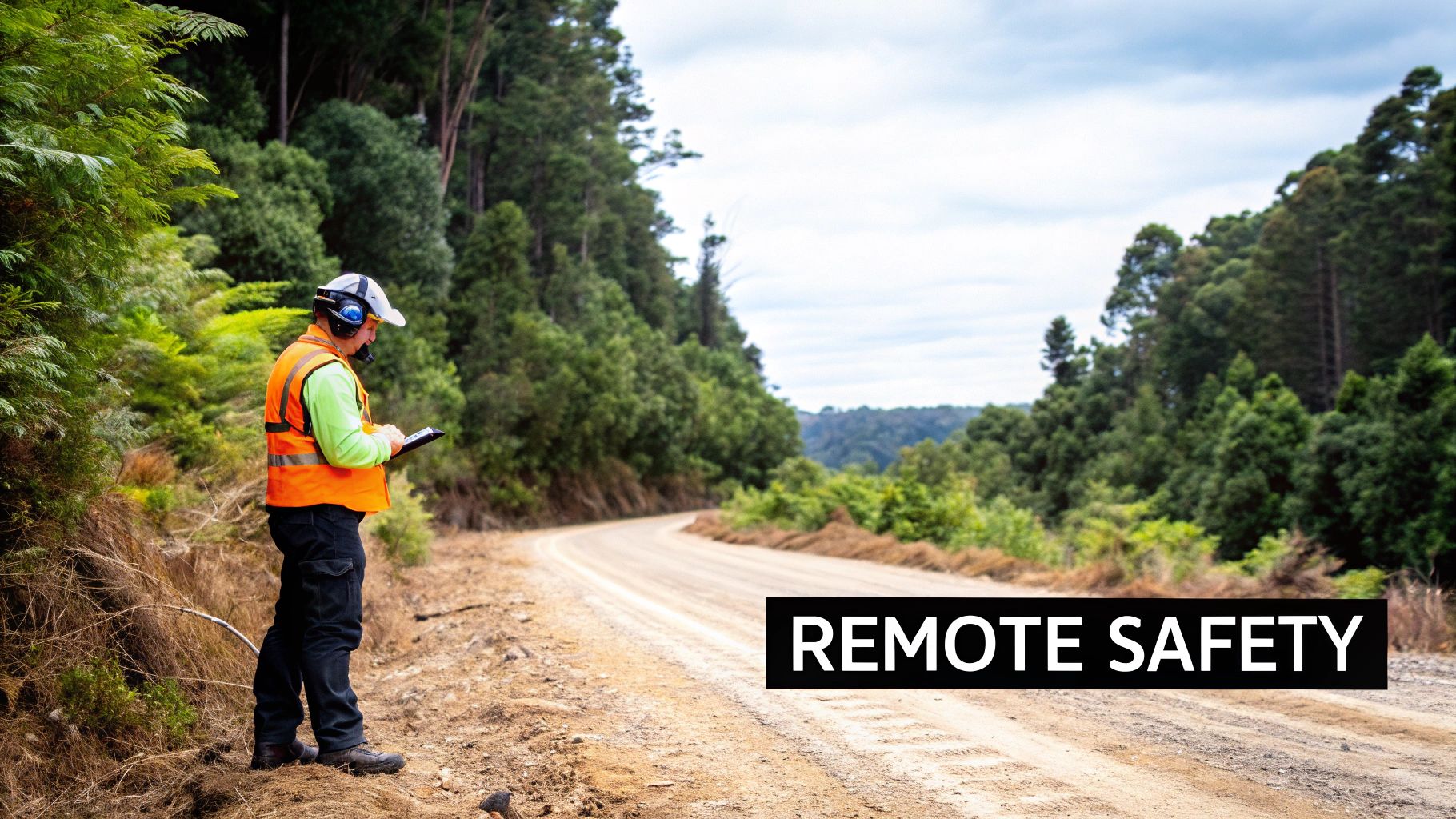 A man in a safety vest and hard hat checking a tablet on a remote forest road.