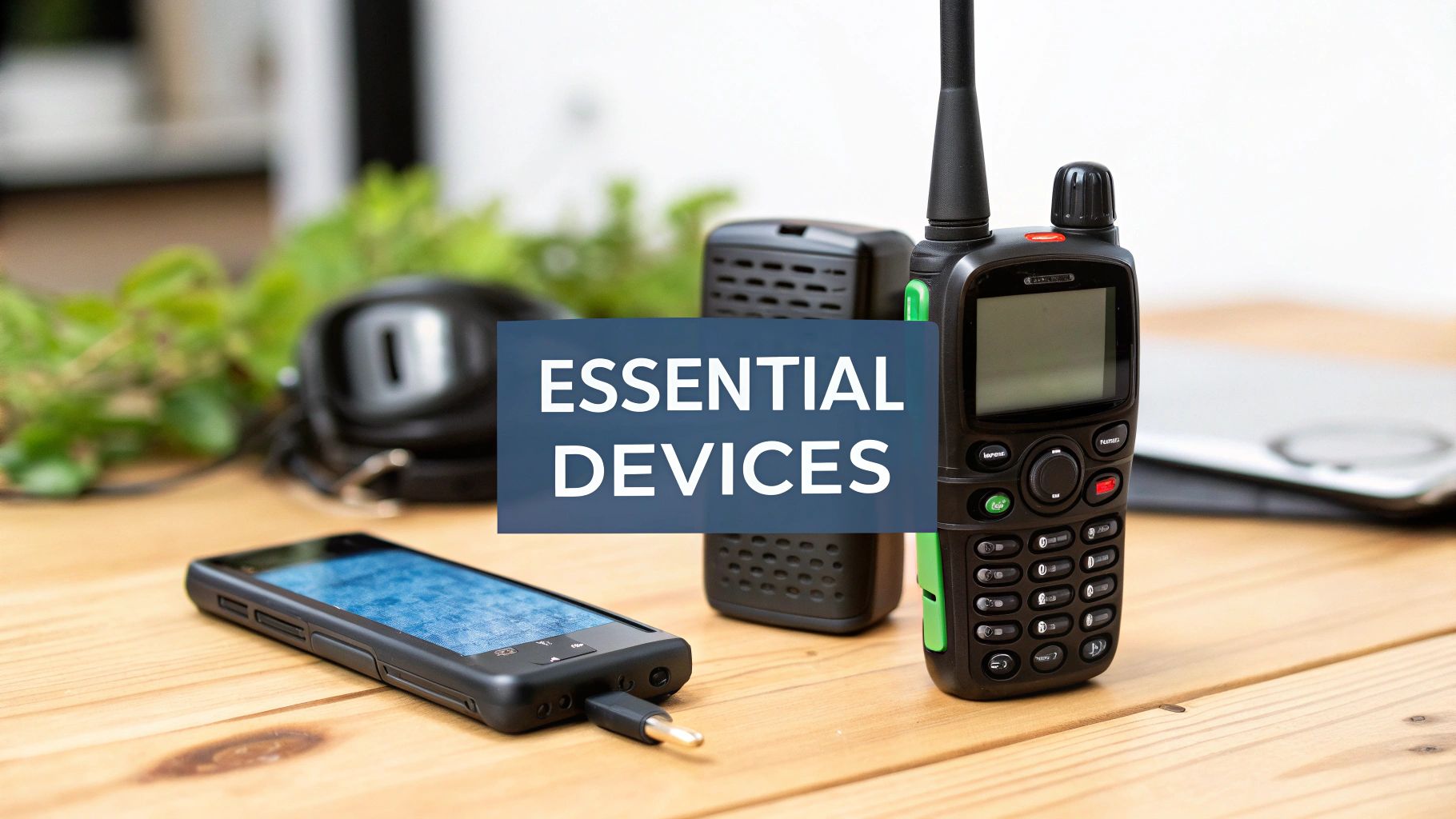 Essential communication devices, including a smartphone and a walkie-talkie, on a wooden surface.