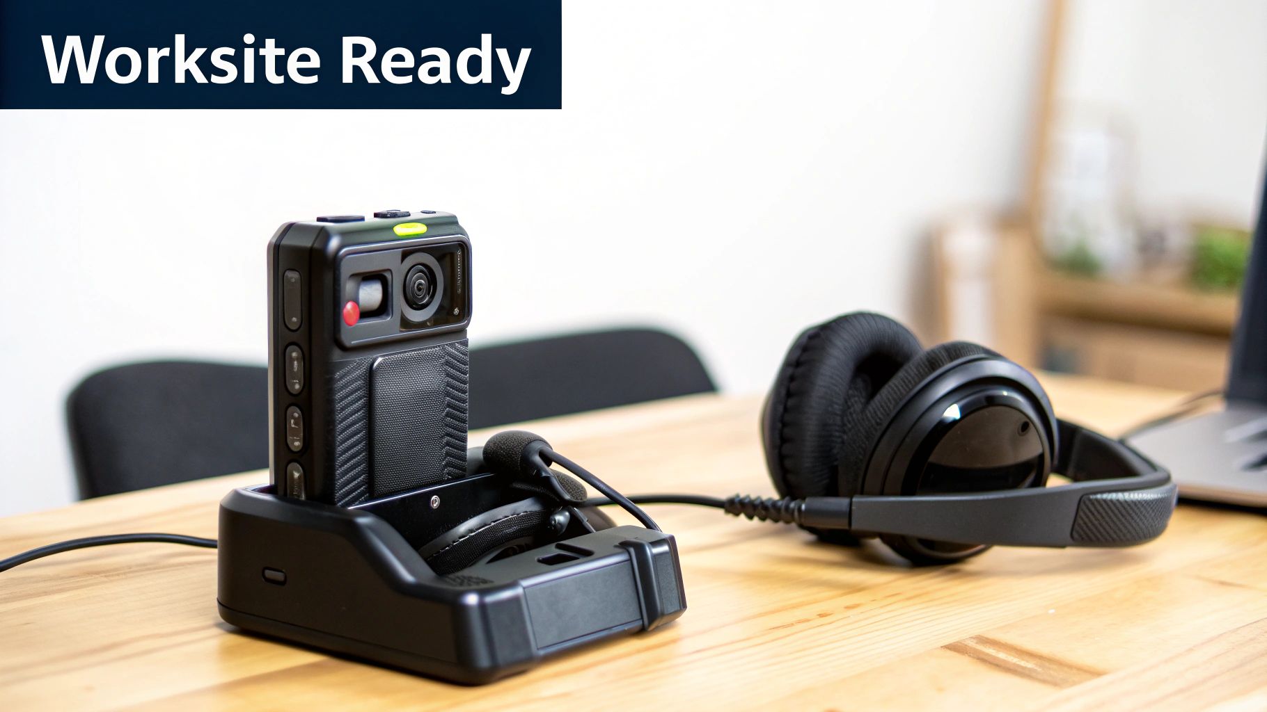 Black body-worn camera in charging dock, headset on wooden desk, with 'Worksite Ready' banner.